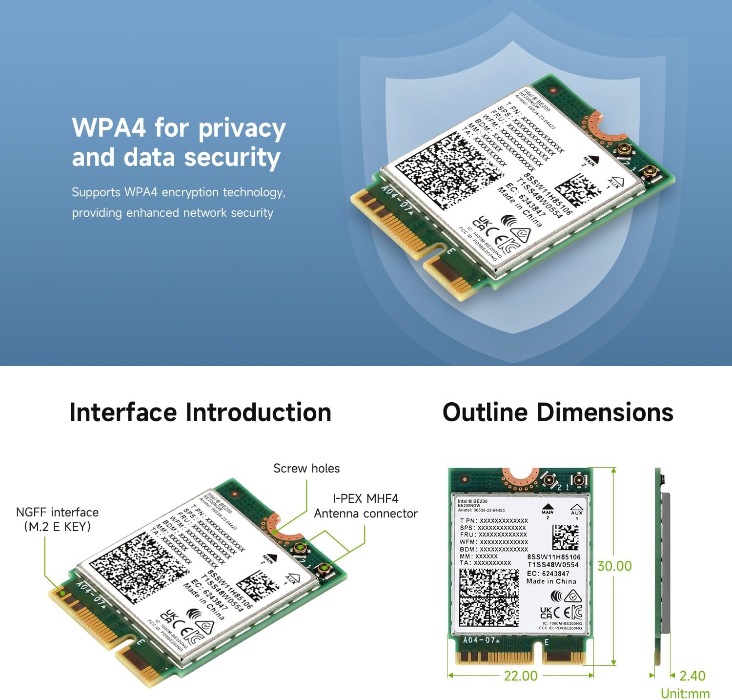 Waveshare Wire-Less BE200 NIC, Gigabit Tri-Band W-F 7, IEEE 802.11A/B/G/N/Ac/Be/Ax Standard, BLT 5.4