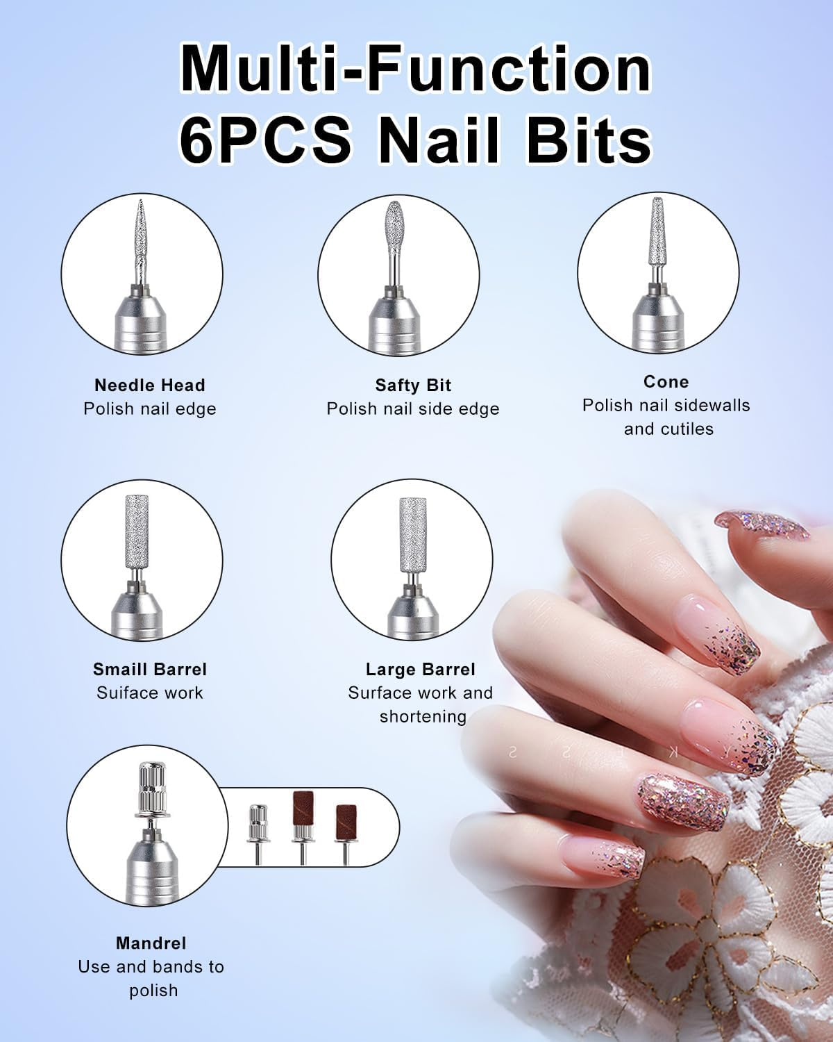 UPAUS Cordless Nail Drill Professional, 45000 RPM Rechargeable Electric Nail File Kit with Smart LCD Screen, Portable Low Noise for Acrylic, Gel Nails, Manicure, Pedicure, for Salon, Home Use (White) image number 2