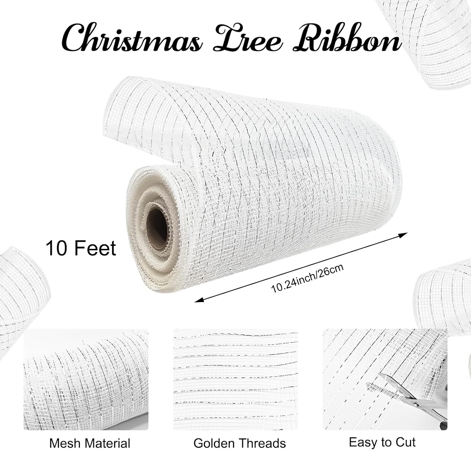 Christmas Tree Ribbon, Christmas Mesh Ribbon Wired Ribbon Christmas Ribbon for Christmas Tree Gift Craft Ornaments Decoration (26Cm&times;10Feet) (White) image number 5