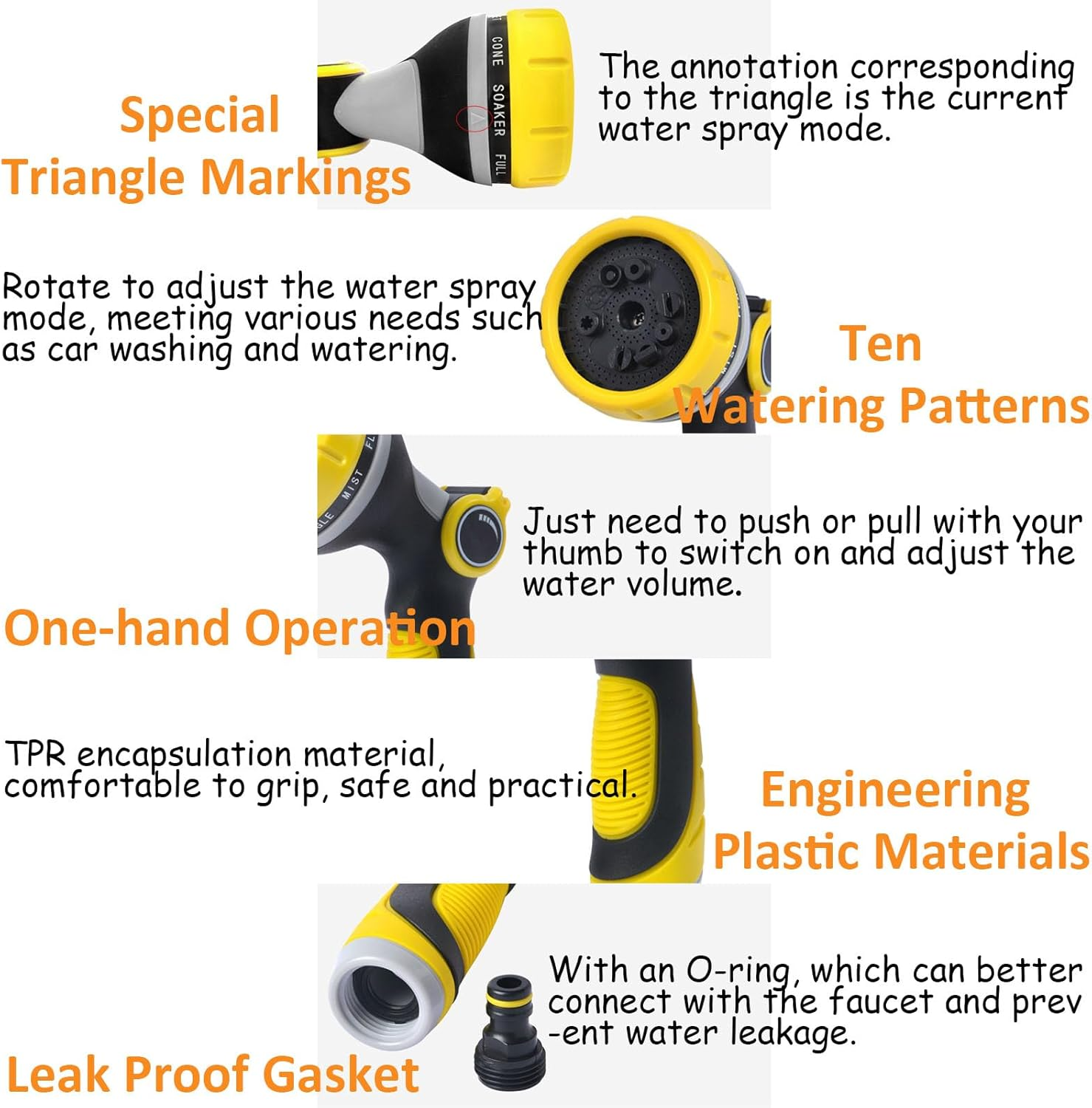 Shgarden Garden Hose Nozzle Sprayer Heavy Duty 5Pcs Water Hose Nozzle Sprayer with 10 Adjustable Watering Patterns Thumb Control on off Valve Anti-Slip Garden Hand Shower for Watering SH0069 (Orange) image number 2