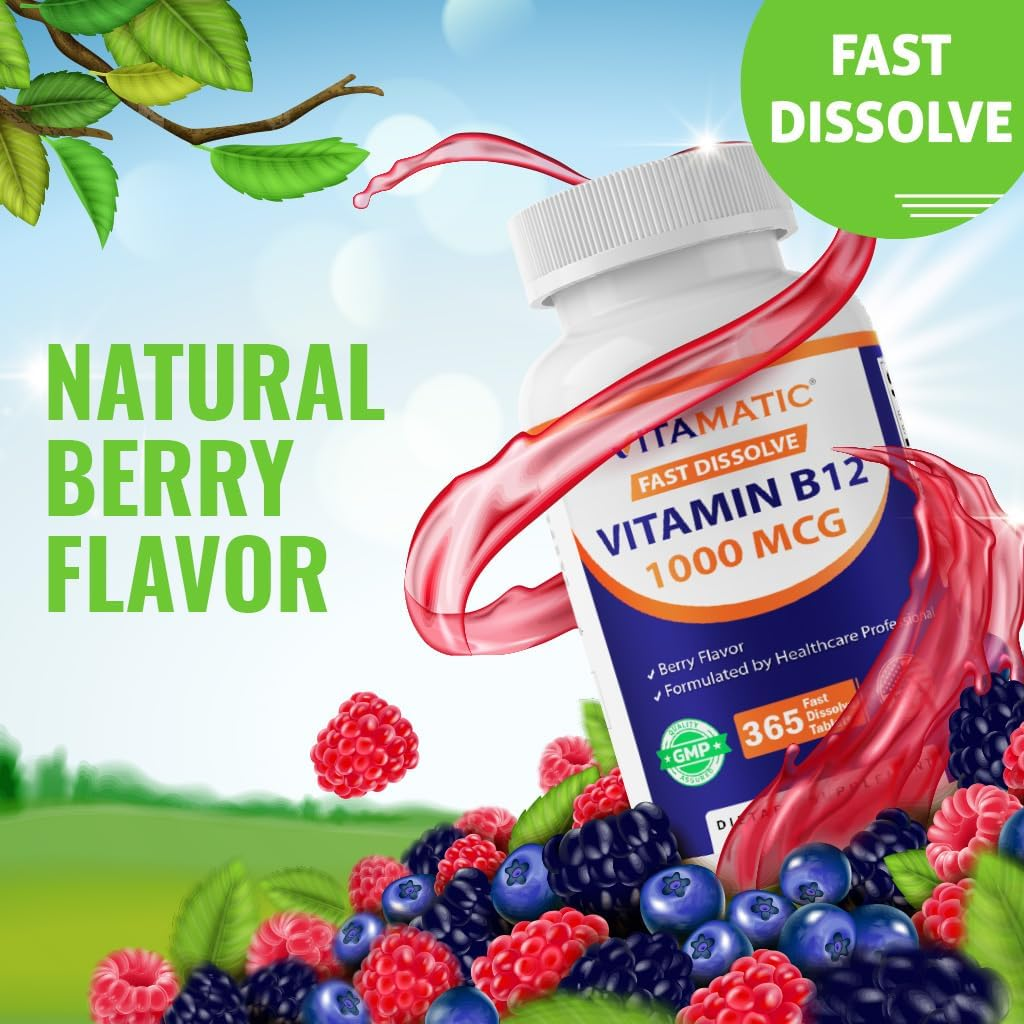 Vitamatic Vitamin B12 1000 Mcg Fast Dissolve 365 Tablets - Berry Flavor - Supports Energy Metabolism image number 5