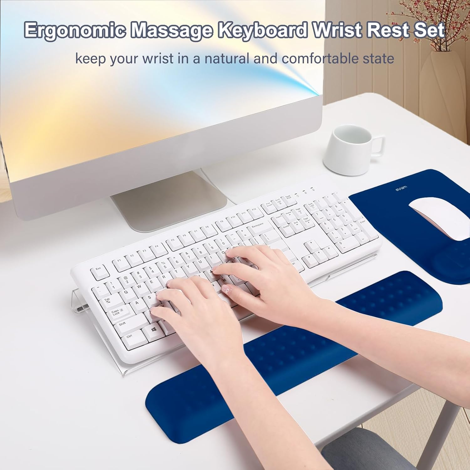 MOSISO Computer Keyboard Stand & Mouse Pad with Wrist Rest, Ergonomic Massage Wrist Rest Set, Easy Typing Working Acrylic Clear Keyboard Stand for Office Home, Navy Blue image number 4