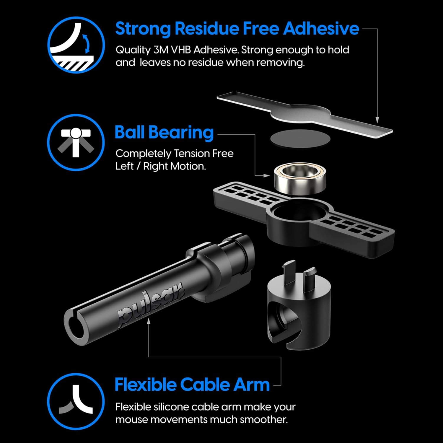 Pulsar Gaming Gears Micro Bungee ES : Drag-Free Wired Mouse Support - Free Motion on Your Desk - Super Compact Size - Attach It to Your Monitor - Get More Space (Single Pack), PMB03 image number 4