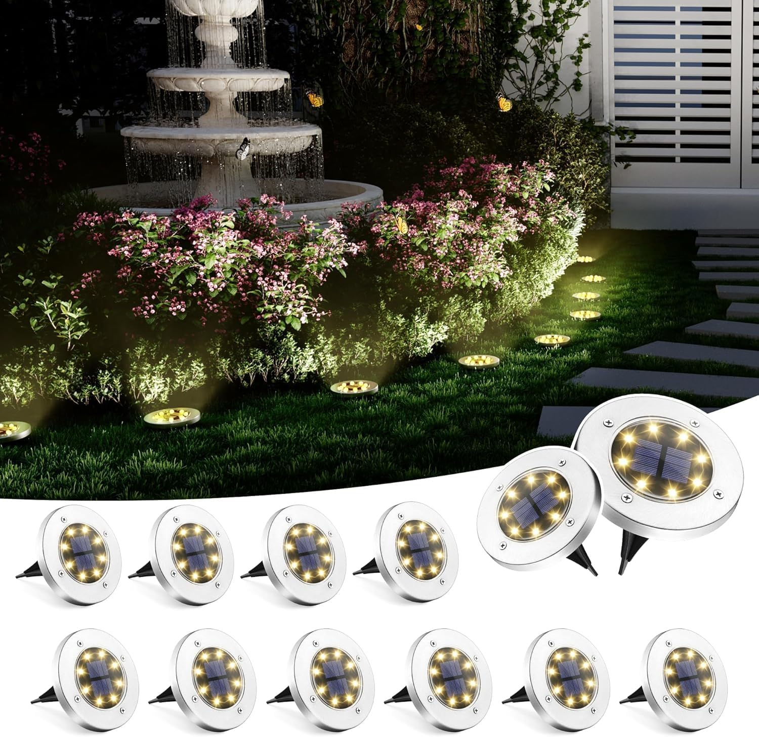 Solar Ground Lights, Waterproof Garden Lights Outdoor 12 Pack, Upgraded Solar Garden Lights, In-Ground Lights LED Landscape Lighting for Pathway Patio Walkway Yard Lawn Deck, Warm White image number 2