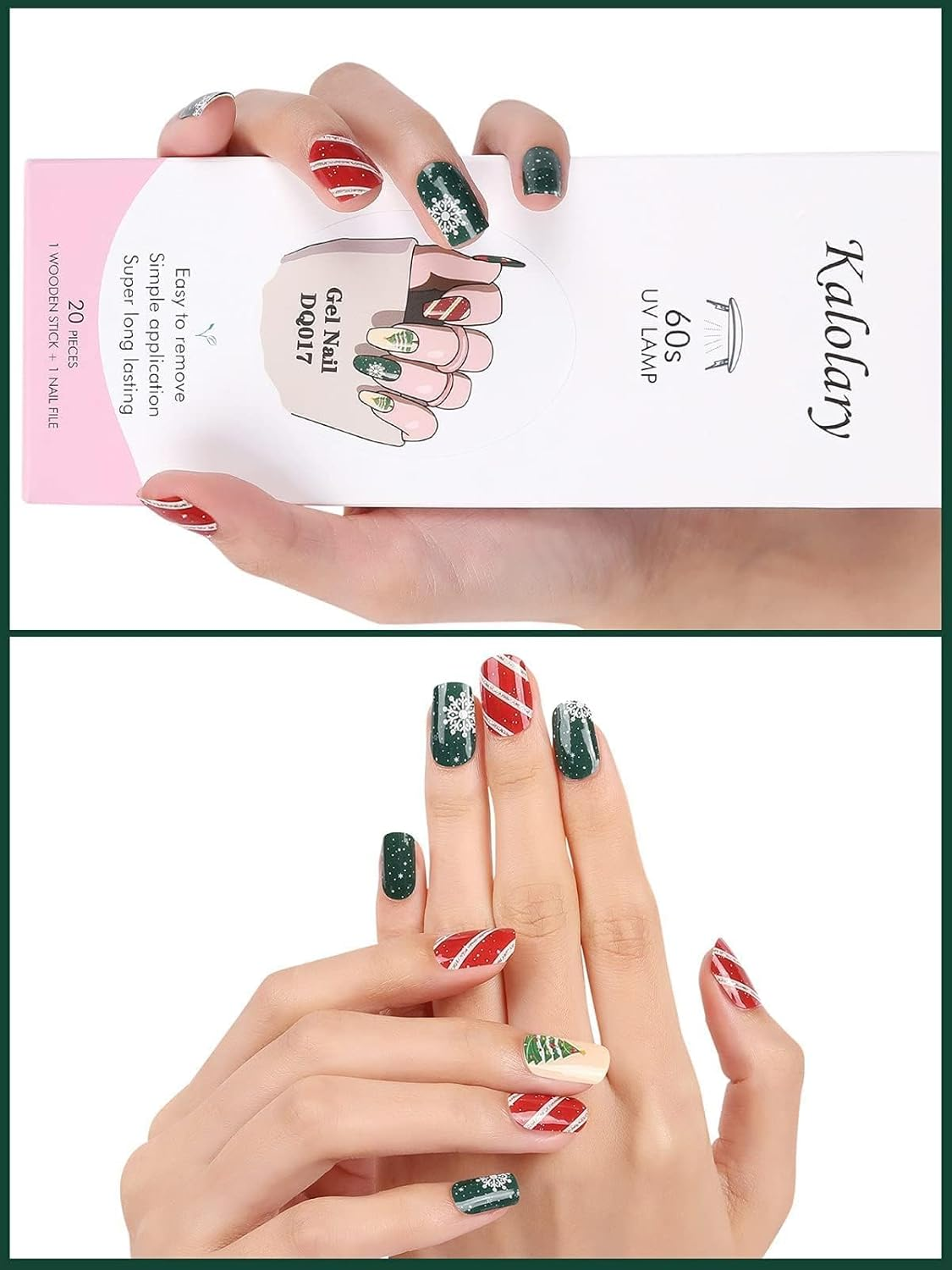 Kalolary Christmas Semi Cured Gel Nail Strips, Christmas Tree Full Wraps Stickers, Santa Claus Elk Real Gel Nail Polish Wraps New Year Nail Art Design for Women Girl - Black image number 2