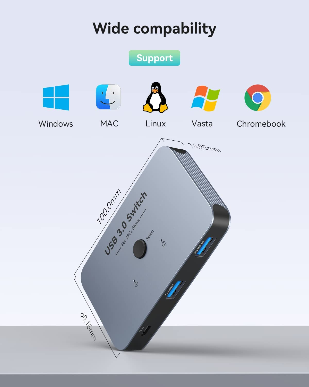 ABLEWE USB Switch 3.0 KVM Switch, Aluminum USB Switcher 2 Computers Sharing 4 USB Devices for PC Printer Scanner Mouse Keyboard with 2 Pack USB 3.0 Cable Grey image number 5