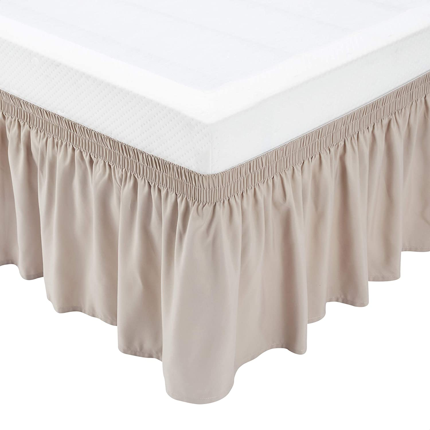 Amazon Basics Lightweight Elegantly Styled Ruffled Bed Skirt, Three Sided Wrap around with Easy Fit Elastic, 40.64CM Drop-Full/Queen, Taupe