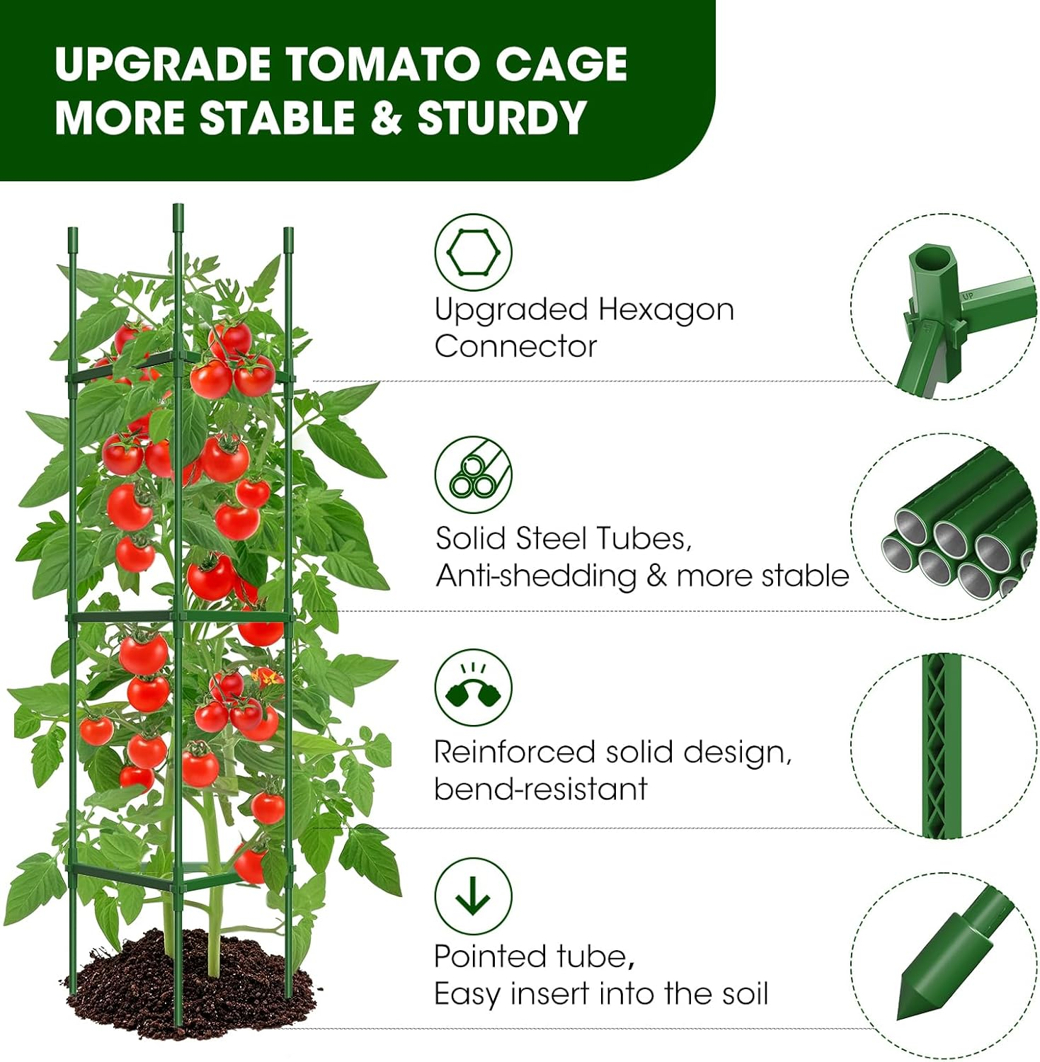 MQHUAYU 3 Pack Tomato Cages for Garden,Up to 51.2Inch Tomato Cage Trellis-Upgraded Hexagon Connector,Heavy Duty Adjustable Tomato Stake Support for Raised Garden Bed image number 2