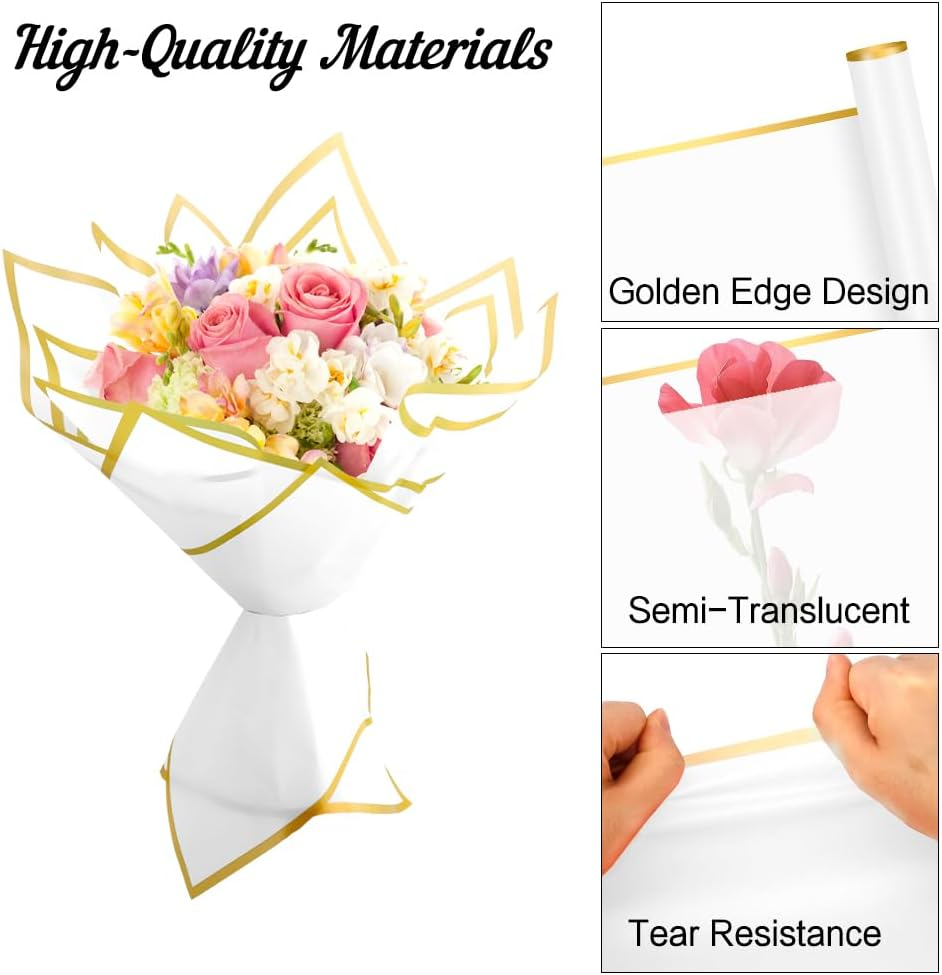 Gold Edge Wrapping Paper 20 Sheets - White Floral Gift Wrap with Golden Border for Bouquets, Wedding, Anniversary, Gift Packaging, Flower Shop