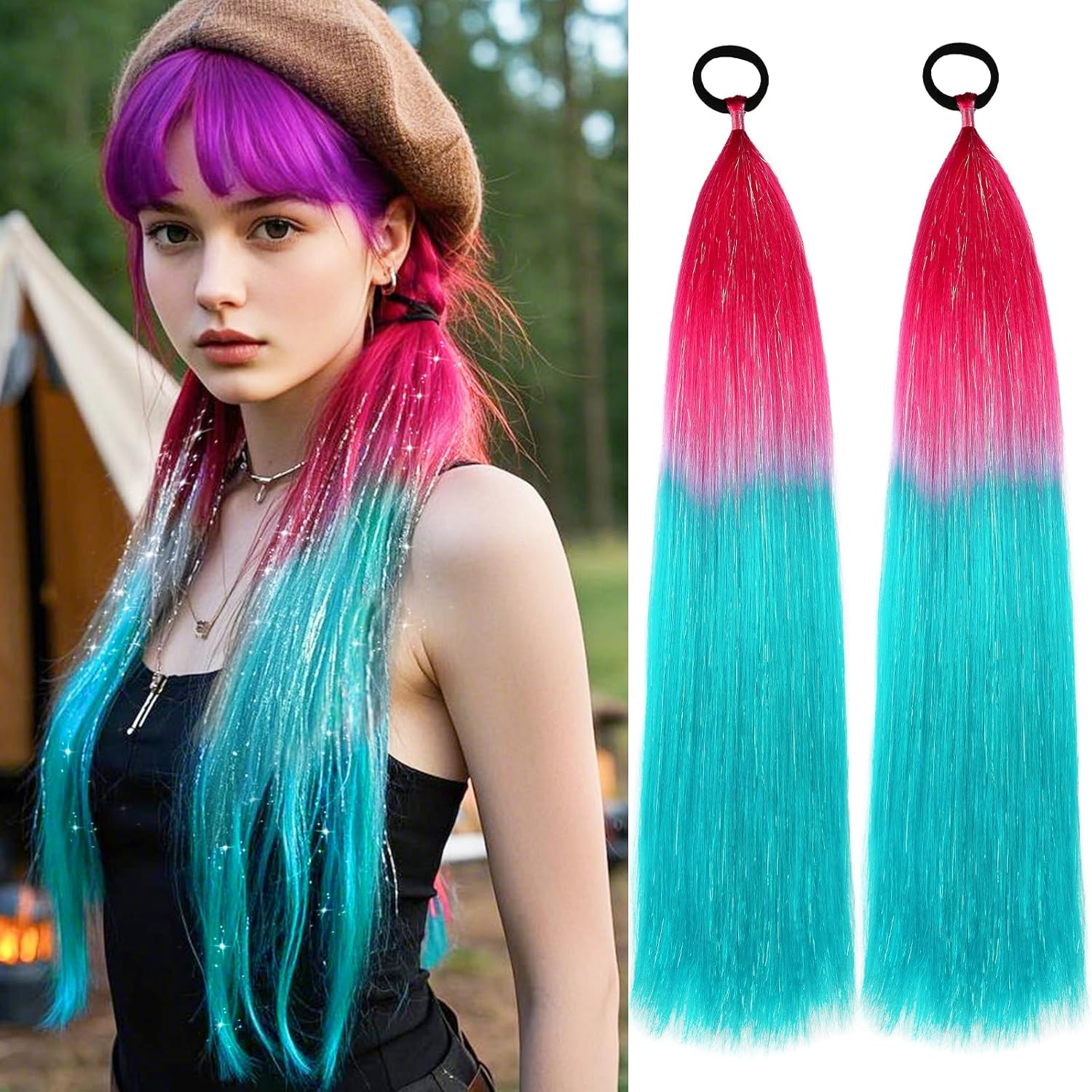 Pink Ponytail Extension with Tie, Colored Hair Extensions, Festival Crazy Hair Day Accessories, Shimmer Tinsel Ponytail Colorful, 18 Inch 2 Packs