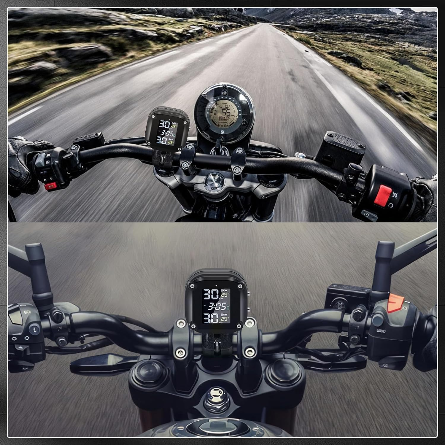 Motorcycle Wireless Tyre Pressure Monitoring System, Motorcycle TPMS with 2 External Sensors, LCD Display, IP67 Waterproof Dustproof, Motorbike Tyre Temperature Alarm, Two-Wheeled Motorcycle TPMS image number 6