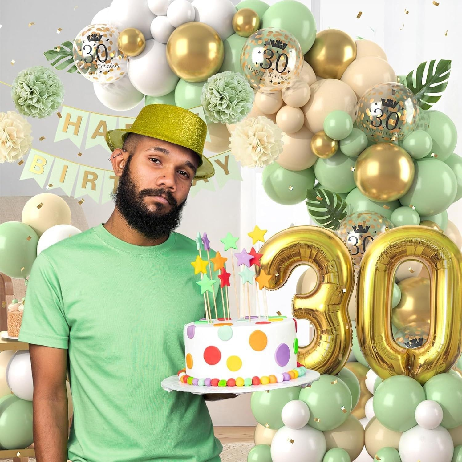30Th Birthday Party Decorations Sets Sage Green Gold 30Th Birthday Balloon Arch Garland Kit with Giant Number 30 Foil Balloons,Banner for Women Men Party Decor(Sage Green) - Sage Green image number 3
