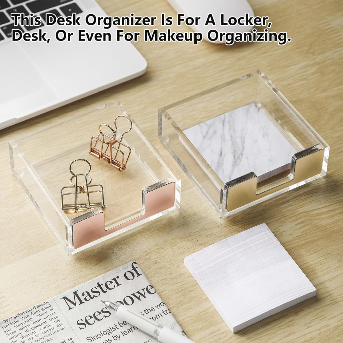 AIMALL Transparent Acrylic Rose Gold Note Holder, Marble Desktop Storage Box for Office Supplies, Memo Pads, and Small Item Organisation, 3.74 X 3.93 X 1.18 Inch - Acrylic-Black image number 7