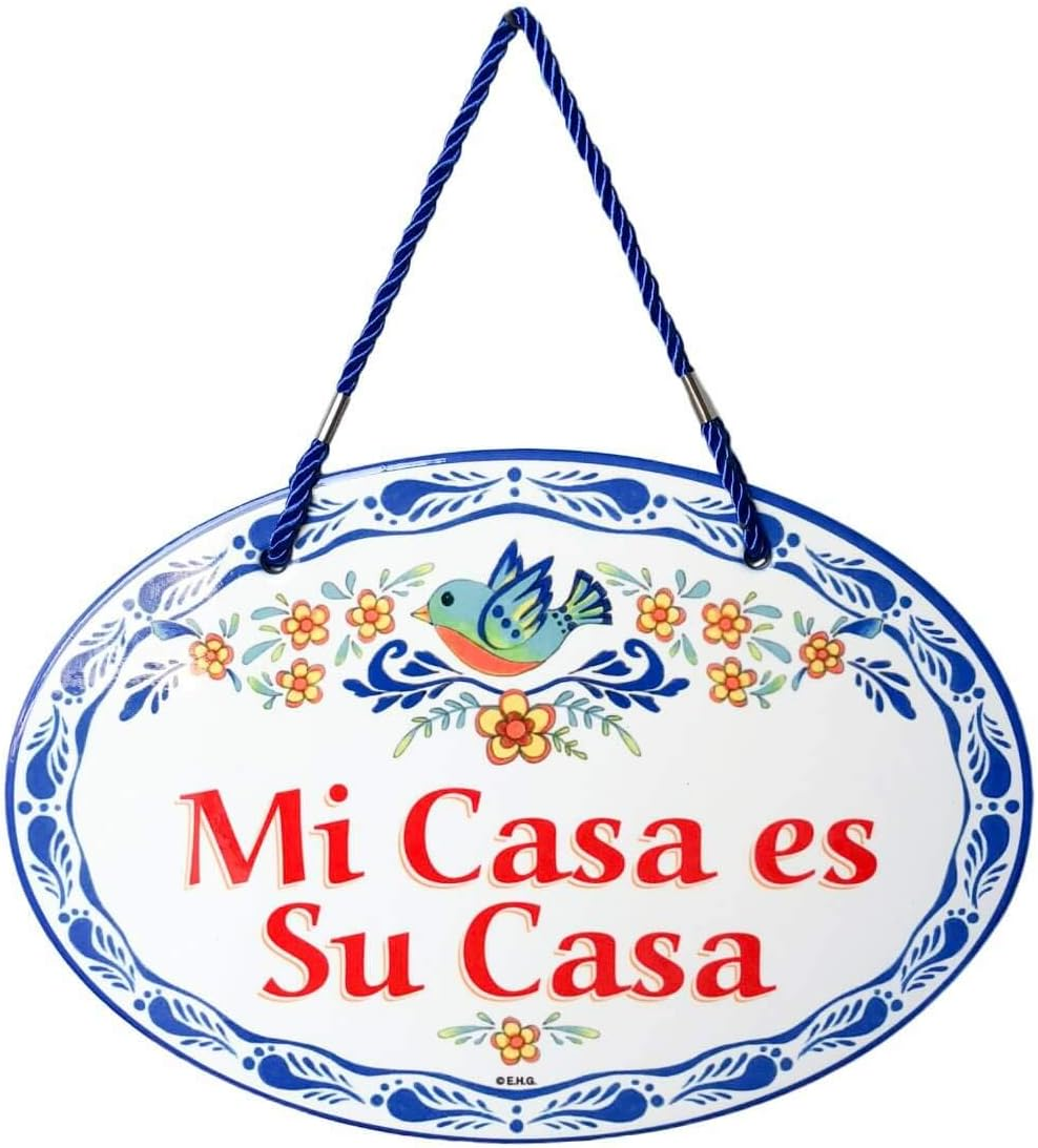 "Mi Casa Es Su Casa" Traditional Artwork My House Is Your House Ceramic 11X8 Inches Spanish Regalo Front Door Sign by E.H.G. (Yellow-Blue Border)