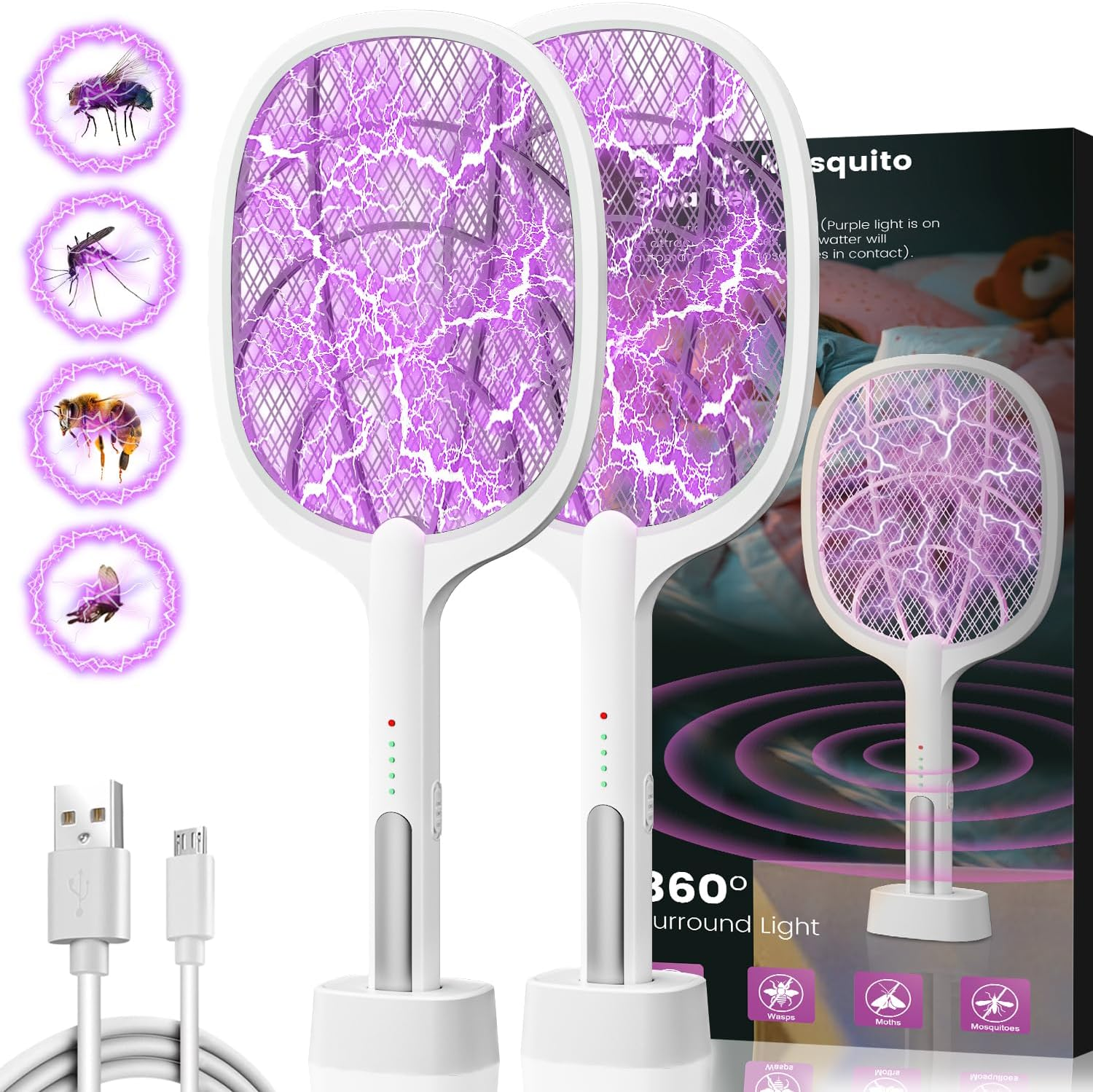 STORMHERO Fly Zapper Mosquito Swatter, 2-Pack Electric Bug Zapper Racket, Mosquitoes Swatter Fly Trap USB Rechargeable, 2IN1 Electric Mosquito Fly Bug Killer Racket for Indoor, Outdoor,Garden&Camping image number 5