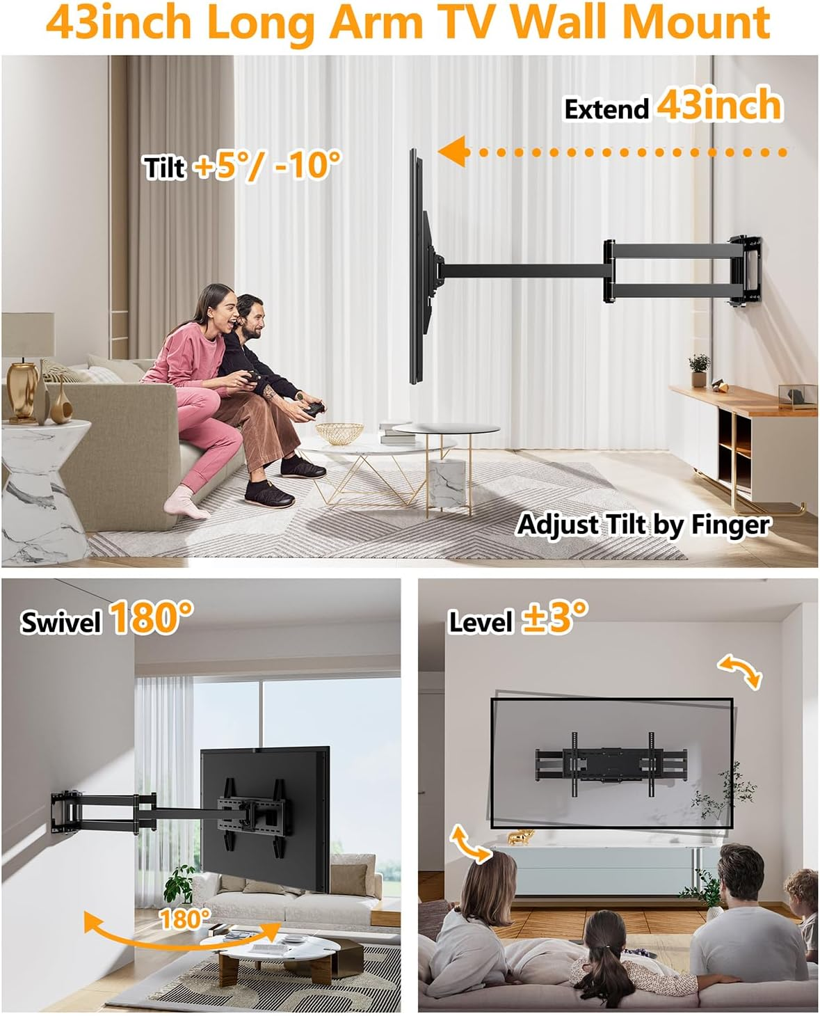 FORGING MOUNT Long Extension TV Mount for 50-90Inch Tvs, Heavy Duty TV Wall Mount with 108Cm Dual Arm, Full Motion TV Bracket Holds up to 90KG,VESA 600X400Mm Compatible,Includes Level and Cable Ties image number 3