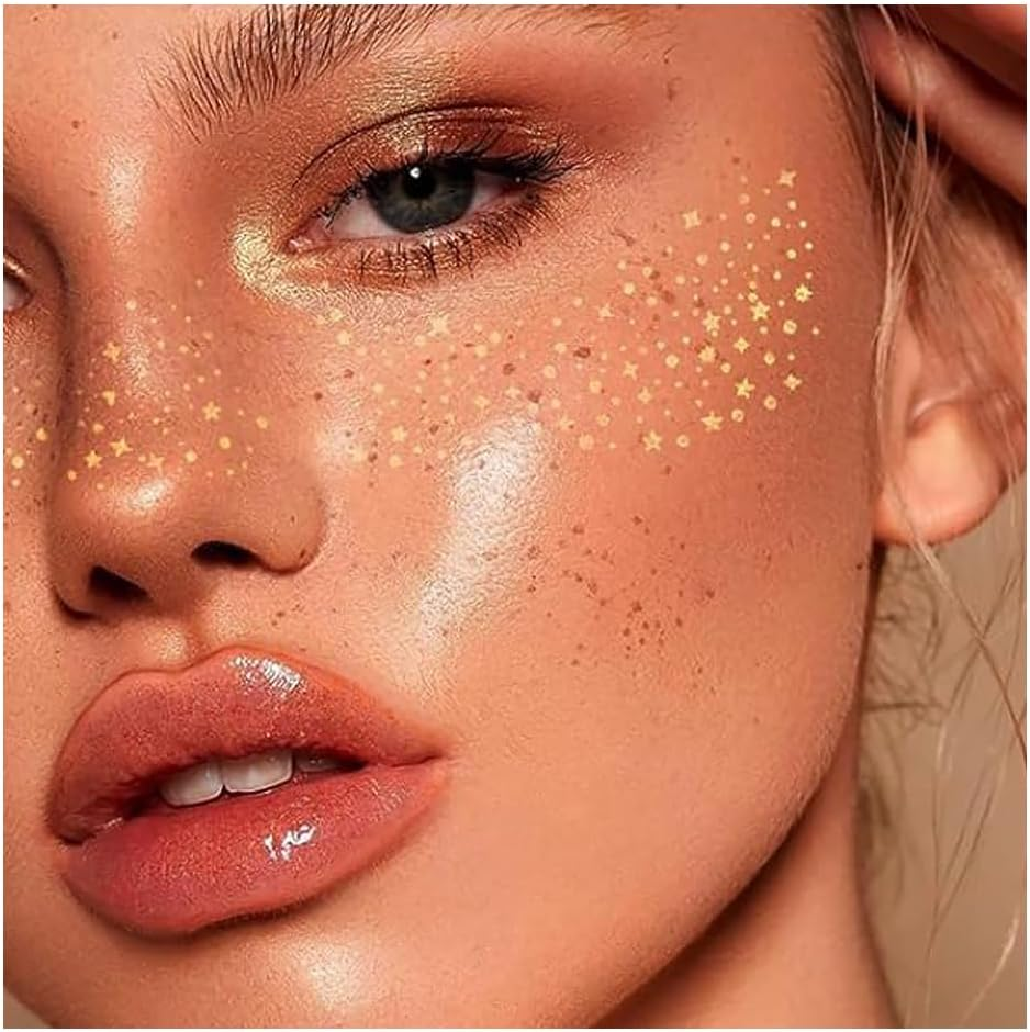 12Pcs Glitter Freckles Tattoo Stickers, Glitter Freckles for Face, Waterproof Gold and Silver Tattoo Stick Glitter Tattoo Makeup Sticker for Party, Masquerade (Gold+Silver) image number 5