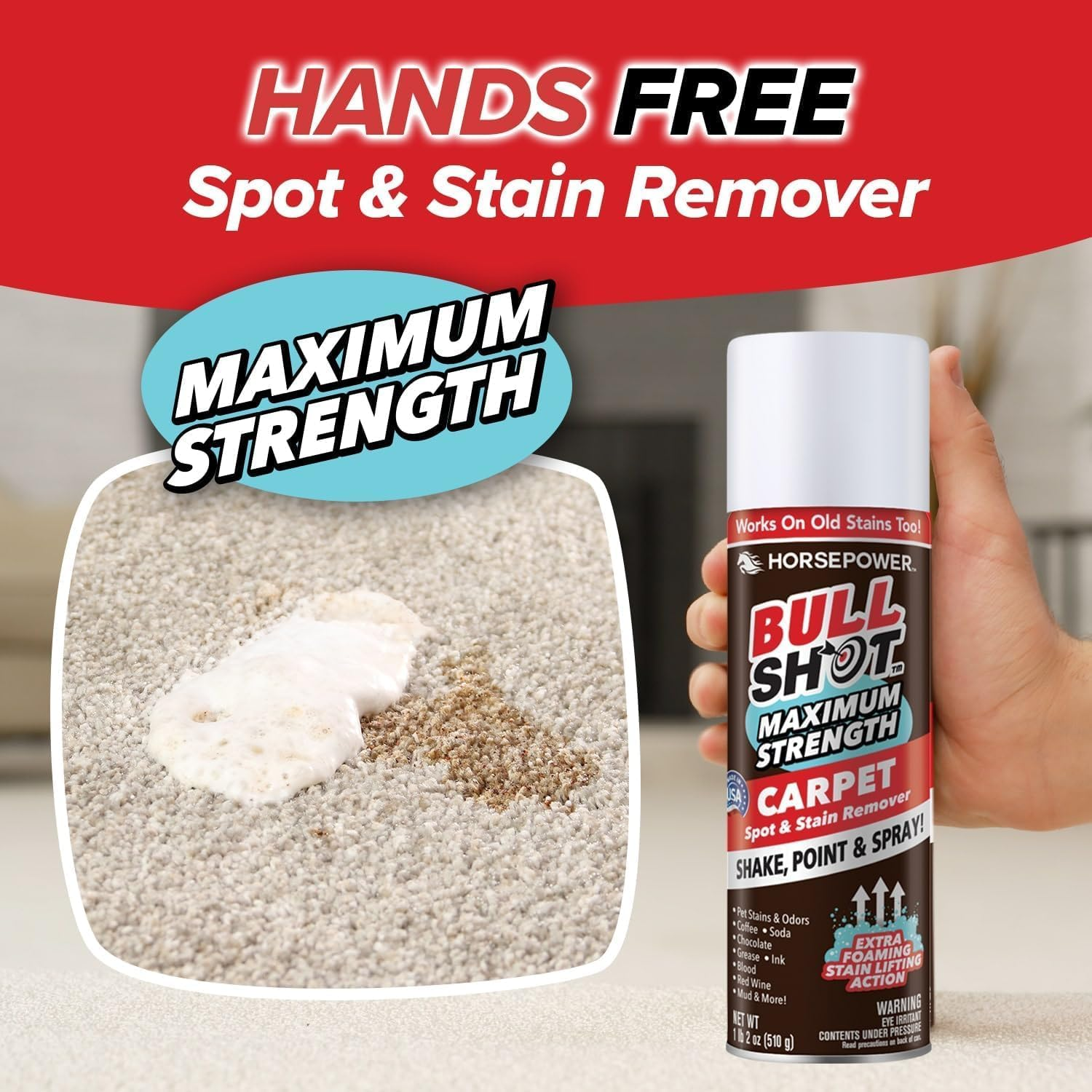 Horsepower Bull Shot MAX Strength Carpet Spot & Stain Remover, AS-SEEN-ON-TV, Just Point & Spray, Stain-Lifting Foam Action, Pet Stains & Odors, Coffee, Wine, New & Old Stains & More image number 1
