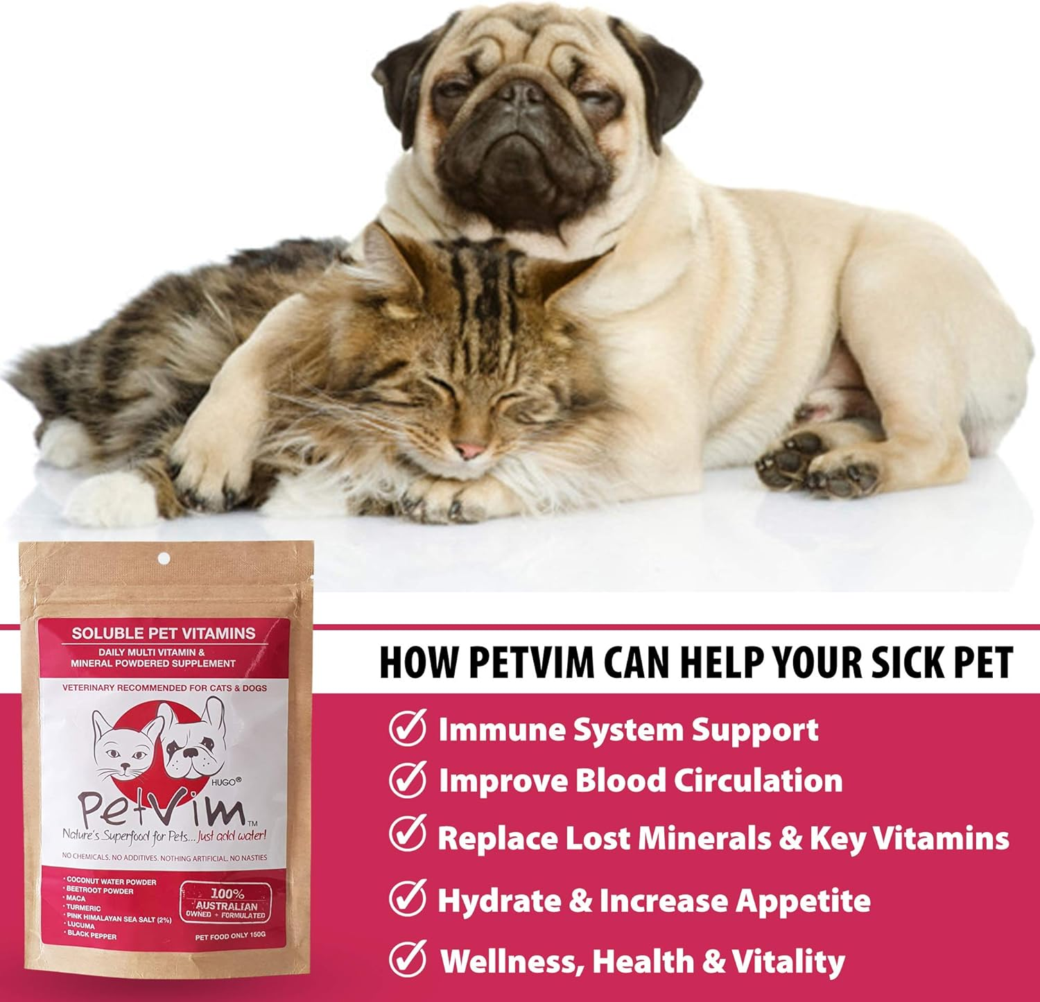 Organic Pet Superfood Vitamin Supplement. Rapid Health & Immune Booster for Cats/ Dogs, Sick/Old/Senior Pets. Small/Medium/Large Breeds. Assists Mobility in Hips & Joints/Helps Relieve Allergies/ Promotes Brain & Memory Health, Energy, Digestion & Shiny Coat. Daily Key Essential Vitamins, Minerals, Antioxidants & Electrolytes. Grain Free. All-In-1. GREAT TASTE. Powder 150G. $29.95 image number 2