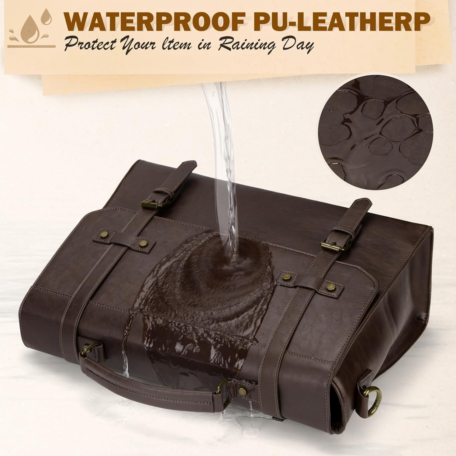 Mens Messenger Bag 17 Inch Waterproof Vintage Leather Laptop Briefcase Large Laptop Bag Satchel Bag Computer Shoulder Bag - Coffee image number 5