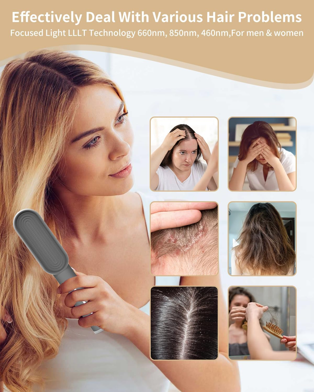 Red Light Hair Comb - Quadruple Light Therapy with 630Nm, 850Nm and 460Nm Three Wavelengths, Scalp Massage & RF Stimulation, Rechargeable Hair Growth Brush