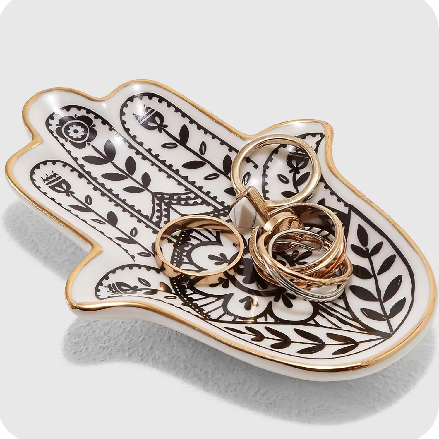 Hamsa Hand Ceramic Jewelry Tray - Home Decor Gold Trim Ring Dish & Small Item Organizer for Desk Vanity, Feng Shui Ornaments. image number 5