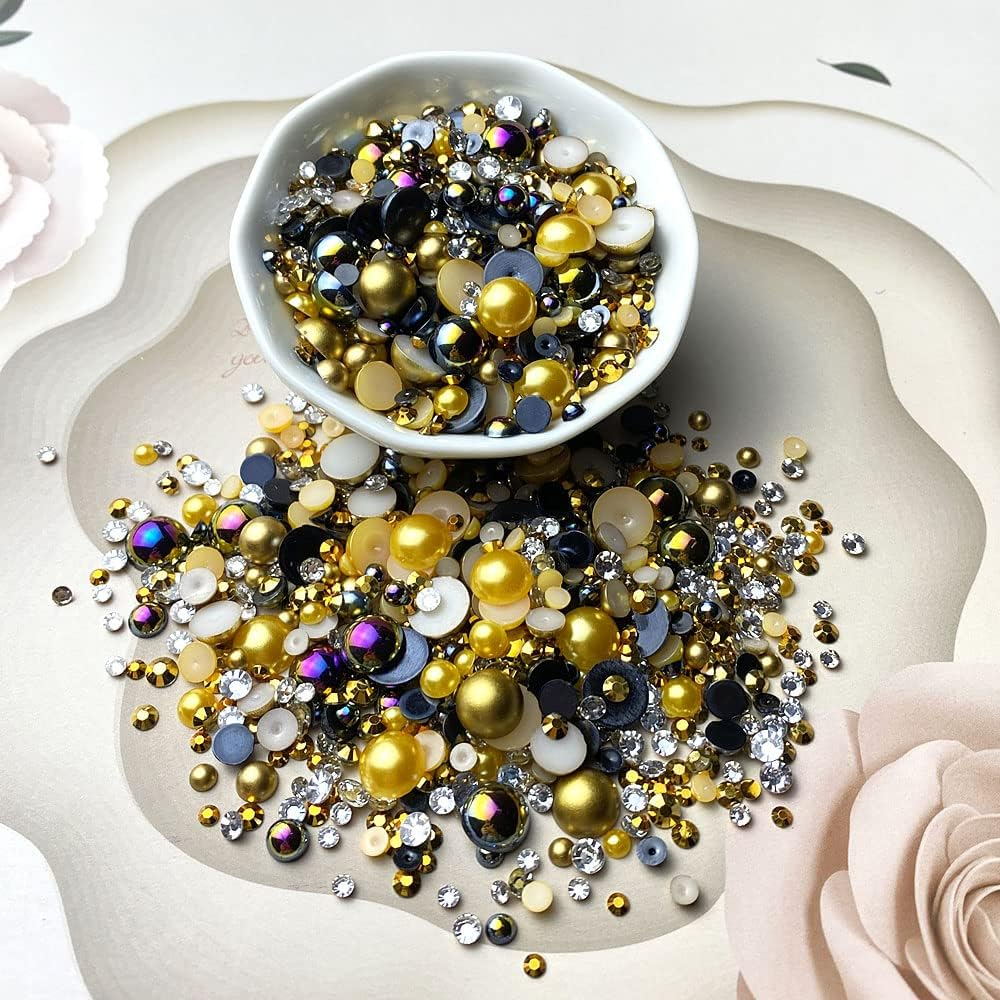 50G Mix Flatback Resin Rhinestones Half round Pearls Mixed Size 3Mm-10Mm AB Color Half Pearls Resin Rhinestones for DIY Craft Nail Art Shoes Clothes Tumblers Scrapbooking (Gold Series) image number 1