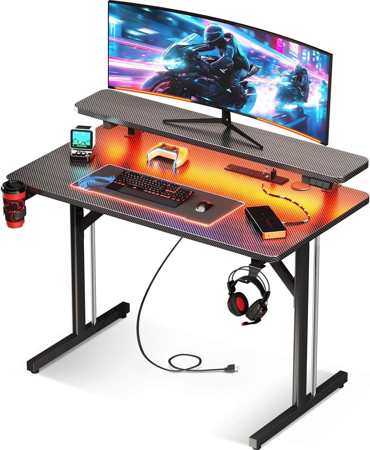ODK Gaming Desk with LED Lights & Power Outlets,10 Color Adjustable,Gaming Table with Monitor Shelf, Gomputer Desk, Computer Table, 80 * 50 * 88Cm, Black image number 5