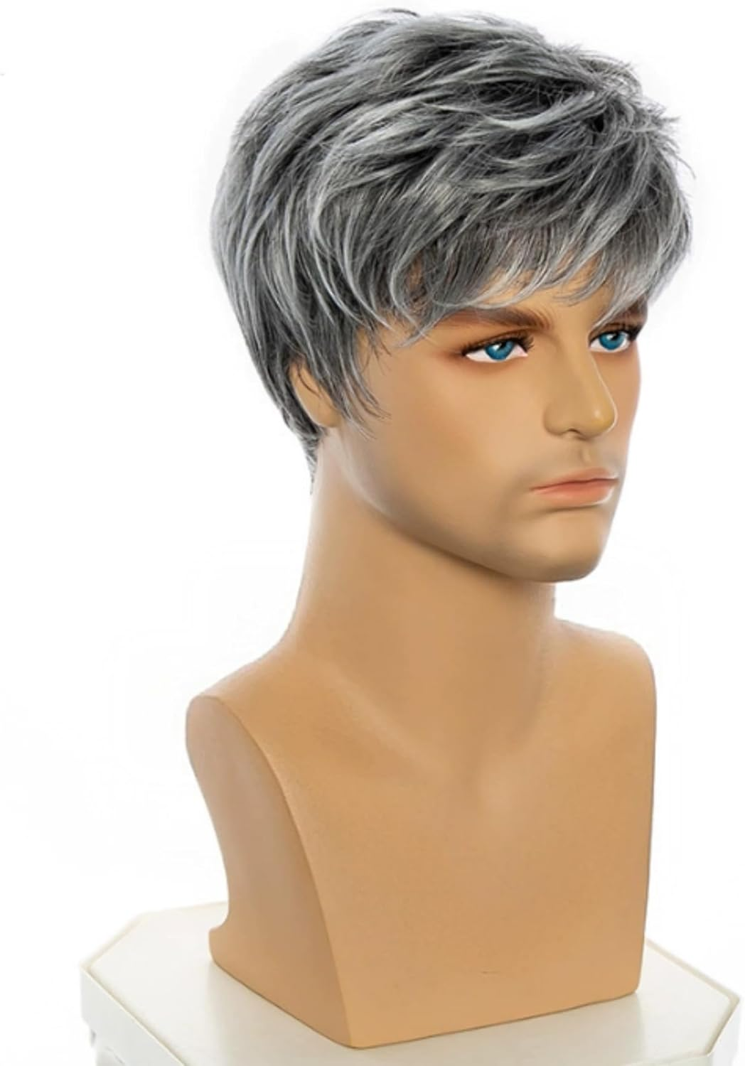 AUBWIG Men'S Wigs Black Grey Short Hair Fluffy Tiered Wigs Heat Resistant Synthetic Full Wigs (Black Gradient Grey) image number 6