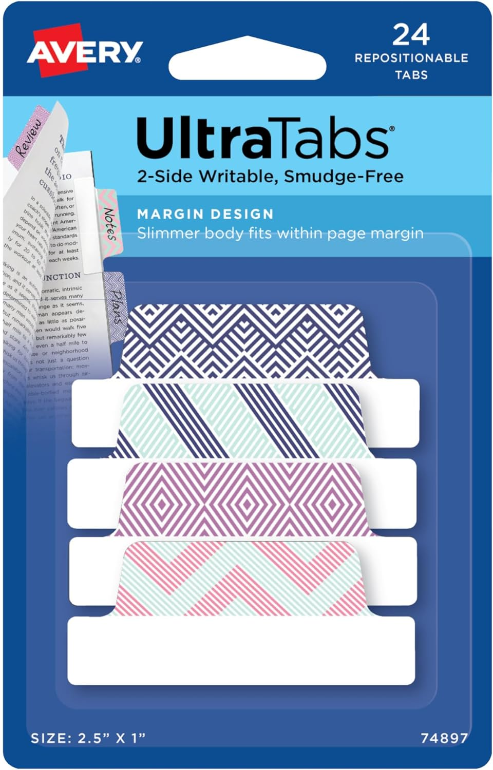 Avery Margin Ultra Tabs, 2.5" X 1", 2-Side Writable, Assorted Pastel Colors, 24 Repositionable Tabs (74769)