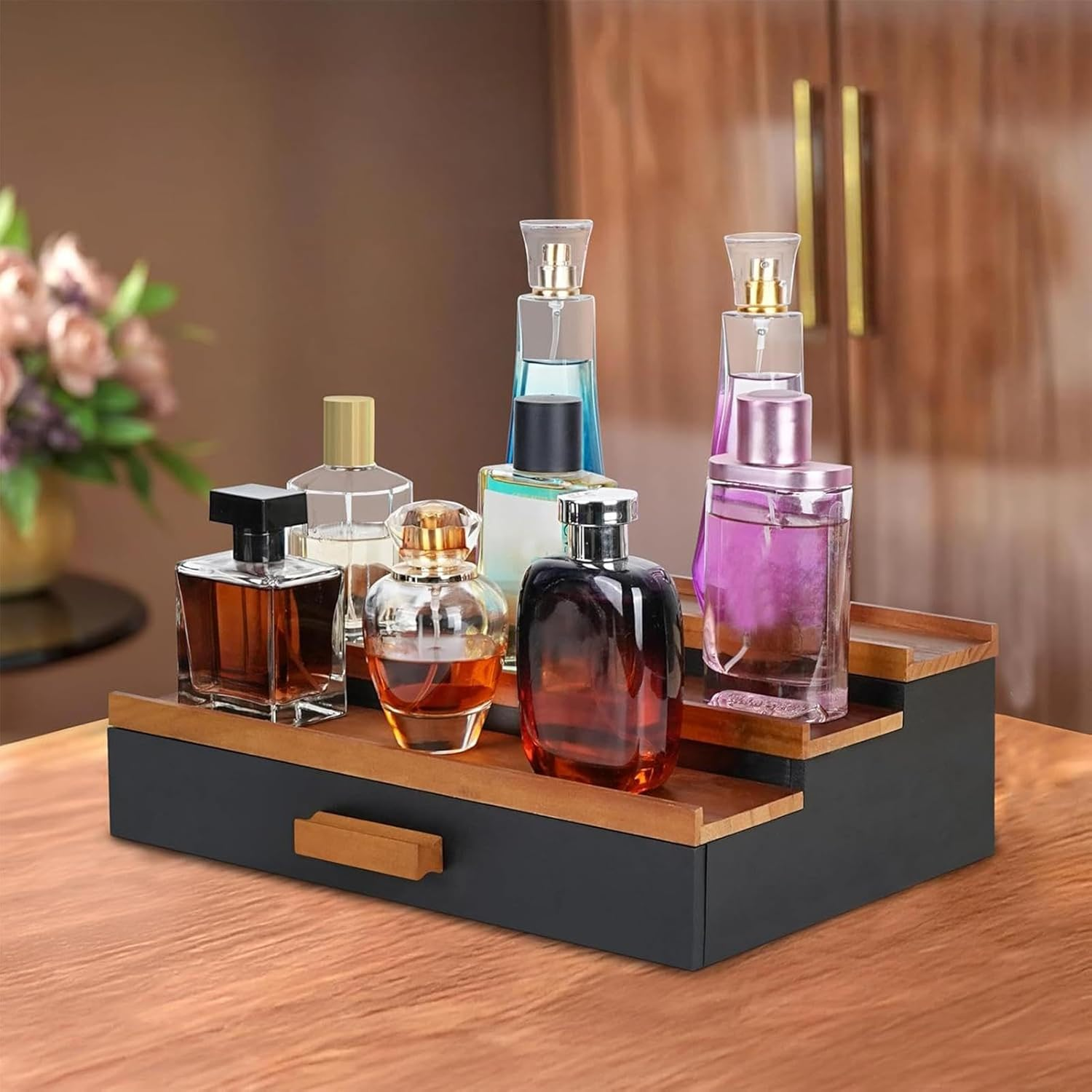 Perfume Display Stand - 3 Tier Wood Perfume Display Stand Shelf with Drawer | Large Capacity, Bathroom Decor for Men, Father, Dad, Boyfriend image number 6