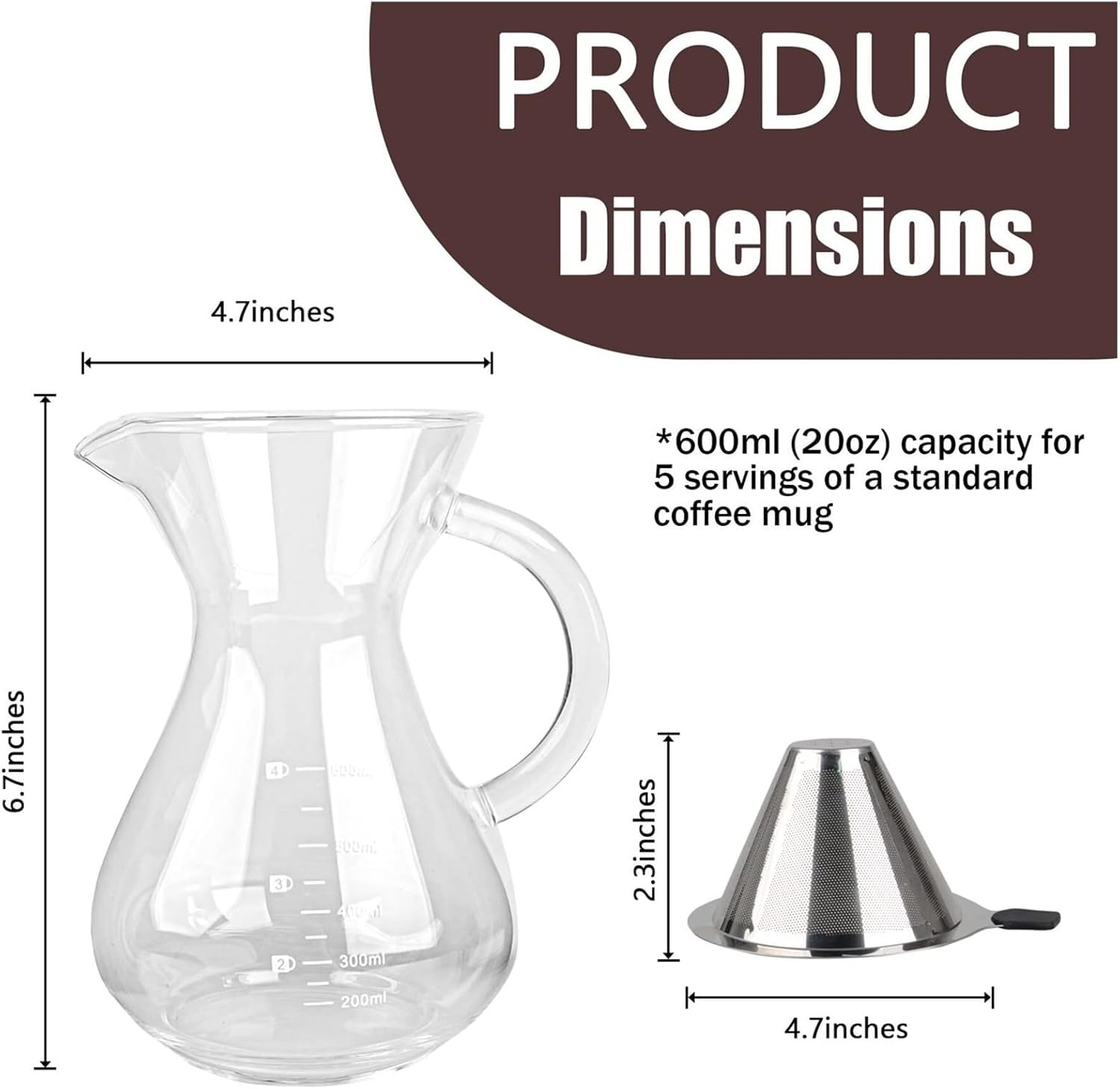 KFKAA V60 Pour over Coffee with Reusable Double-Layer Stainless Steel Filter, 600Ml/20Oz Bpa-Free Glass Drip Coffee for Home, Cafe, Office image number 1