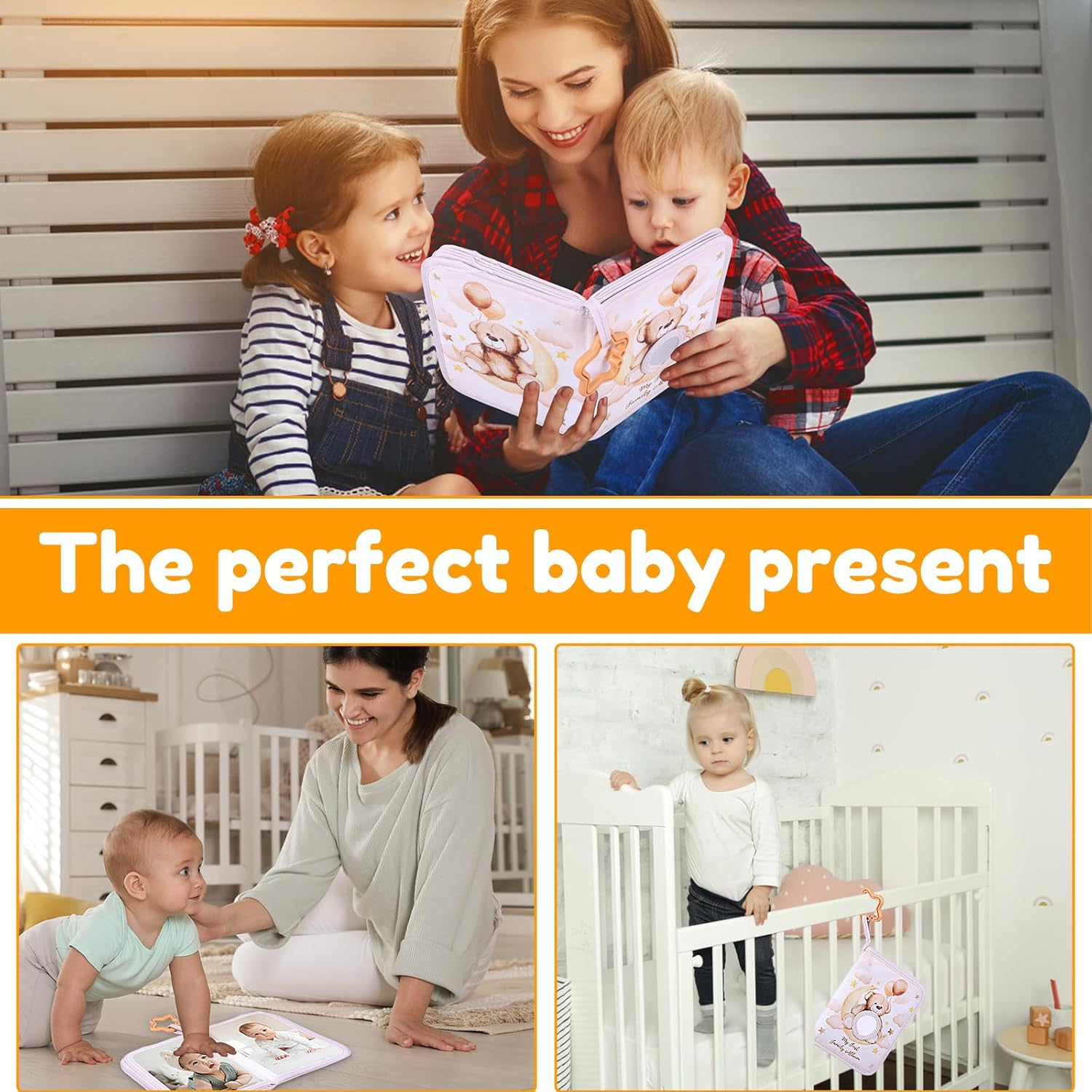 Soft Cloth Baby Photo Album Safe Baby Memory Album Book with Mirror Cute Toddler Family Memory Picture Book Holds 17 Pictures for Kids Newborn Toddlers (Khaki) - Yellow image number 4