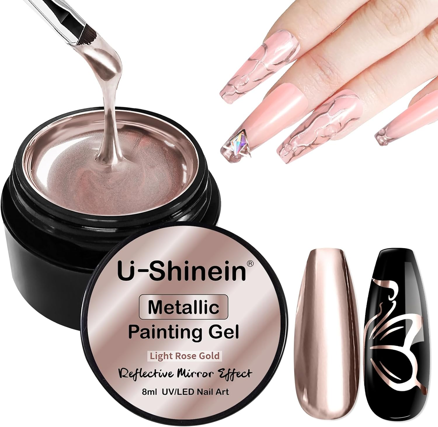 U-Shinein 8Ml Metallic Painting Gel, Silver Painted Nail Polish, 3D Metal Painting Drawing Mirror Nail Gel Polish Glossy (Ultra Mirror Silver)