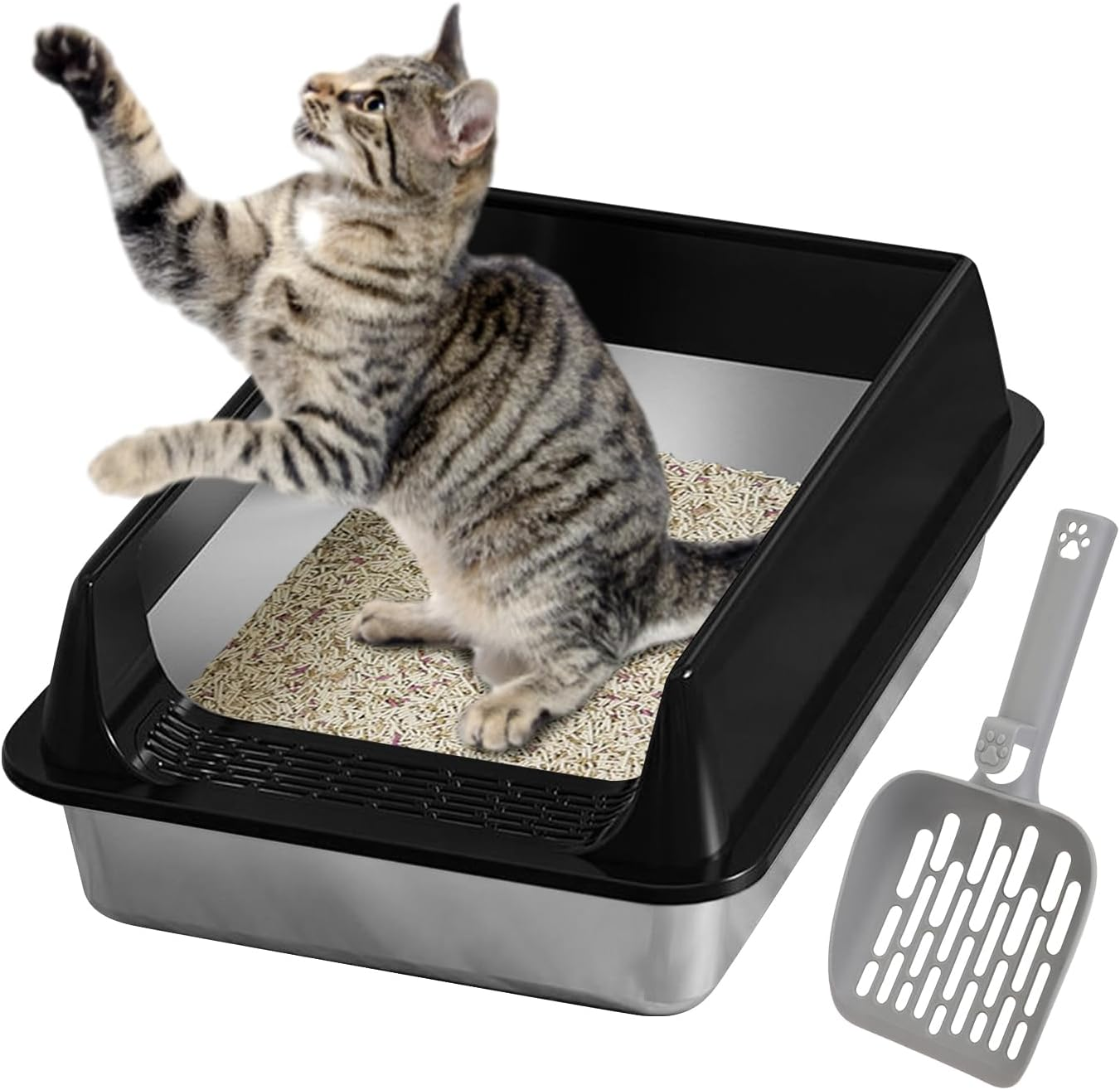 Lmyit Cat Litter Box - Stainless Steel Kitten Litter Box Splash-Proof with Scoop,Non-Stick Pet Accessories for Large Medium Small Cat Apartment Garden Balcony Terrace