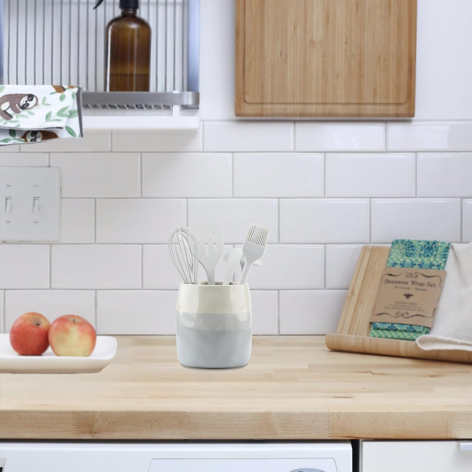 Yohyien Ceramic Kitchen Utensil Holder, Cooking Utensils Pot for Countertop Organisation, Cutlery Storage Jar for Spoons, Spatulas, Tableware, Cream and Grey Layered Design (S) image number 3