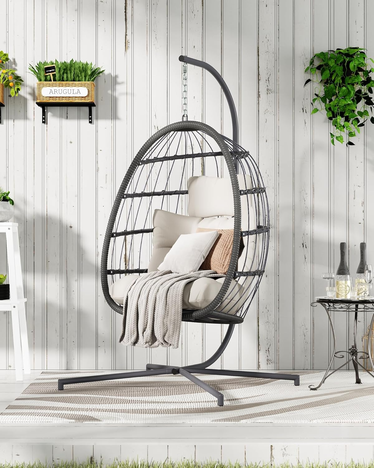 Dystler Hanging Egg Chair with Stand, Patio Wicker Egg Swing Chair with Cushion for Bedroom Garden Indoor Outdoor (Beige)