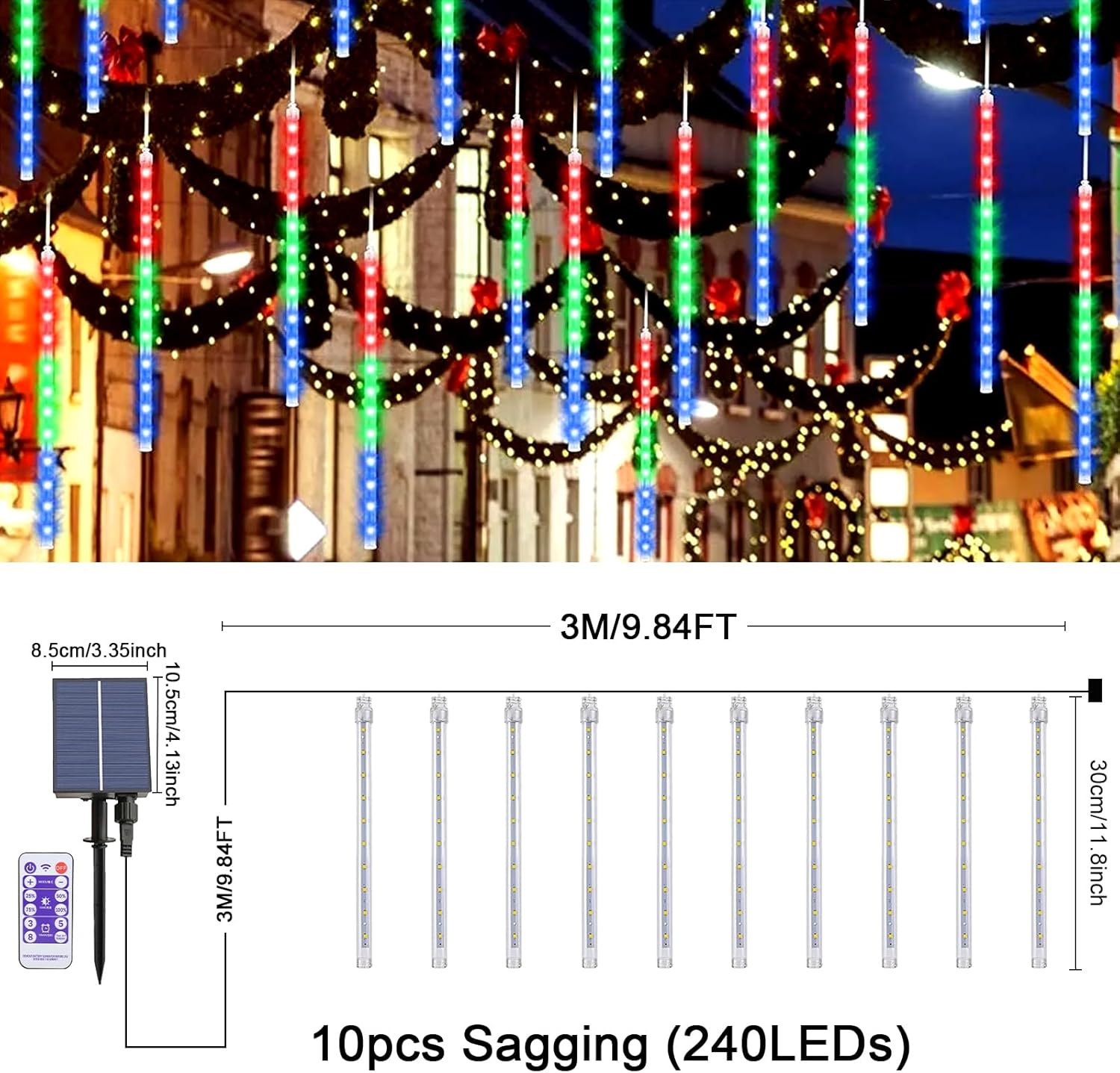 OPAHUTER Solar Meteor String Lights with Remote, 240 Leds Falling Rain Lights, 30Cm 10 Tubes Meteor Shower Rain Lights Waterproof Snowfall LED Lights for Party Wedding Garden Christmas Tree - Multicolor image number 3