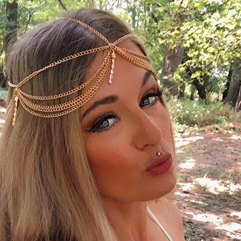 Fashband Boho Head Chain Gold Rhinestone Headpiece Tassels Festival Hair Accessories Bridal Wedding Hair Chain Jewelry for Women and Girls image number 1