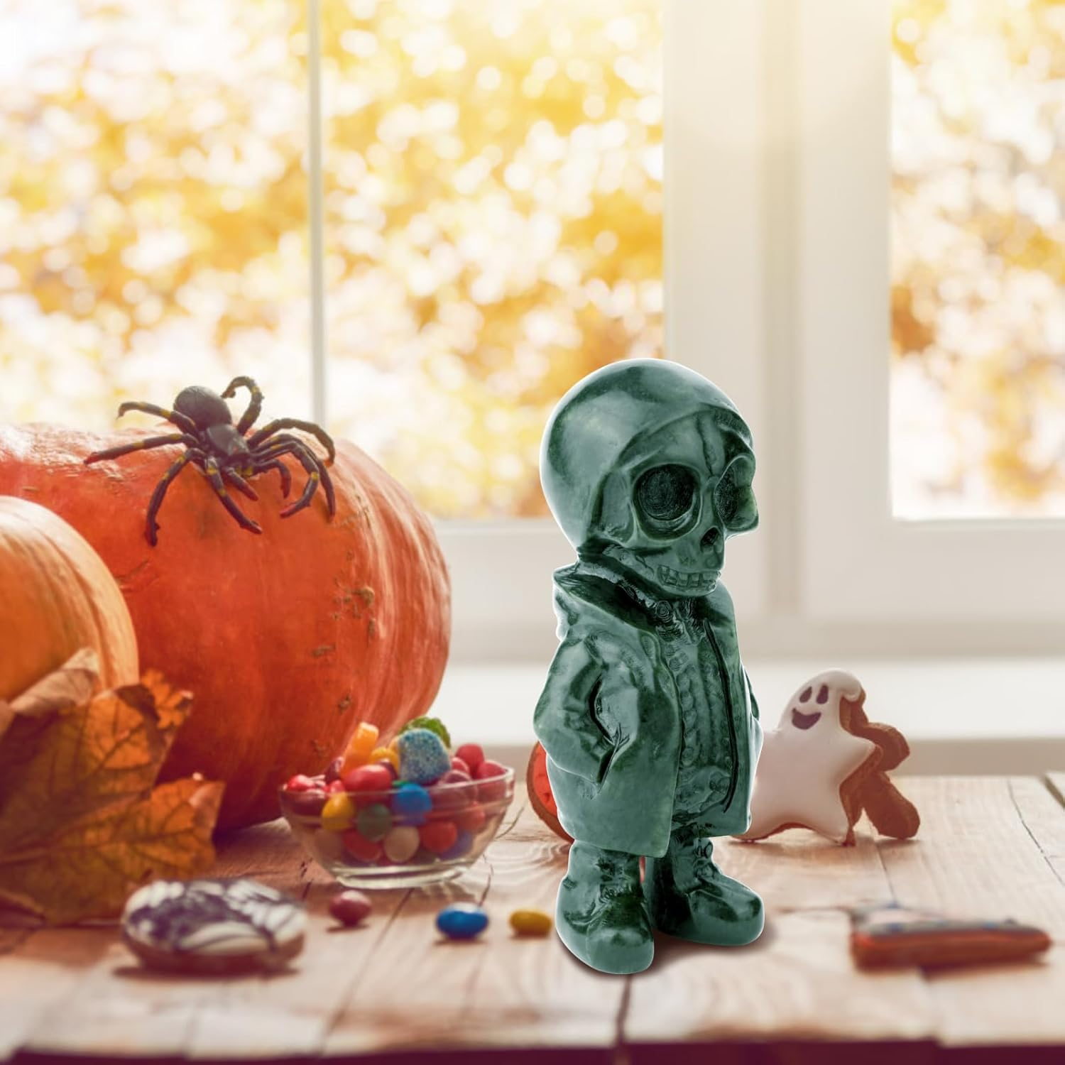 Gemshan Skull Men Statue for Halloween Decorations,Hand- Carved Jade Statue Sculpture Spooky Halloween Decor for Home Table Tray Shelf image number 5