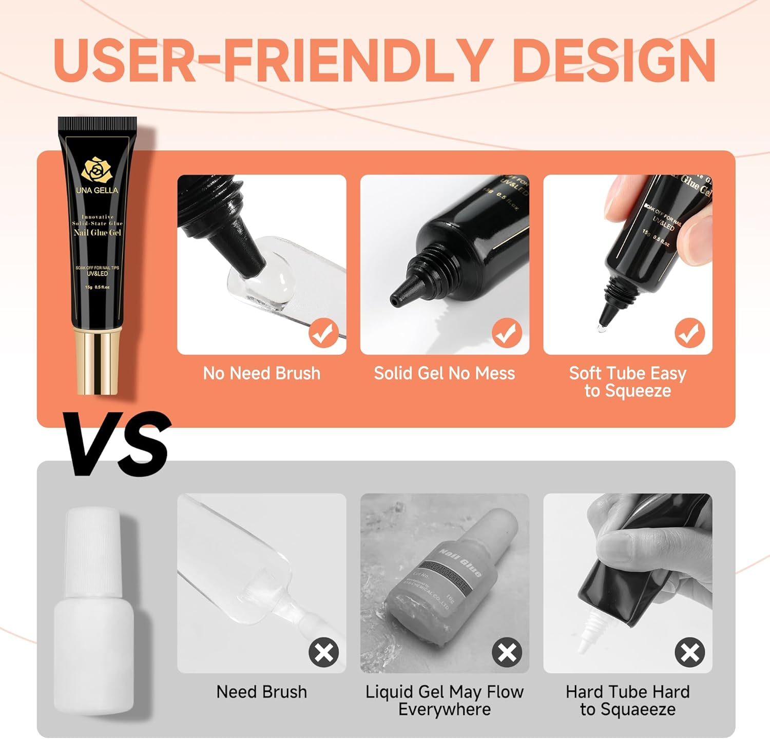 UNA GELLA Soft Gel Nail Tips Glue | 2Pcs | Solid State Soak off Super Strong Glue for Acrylic Nails Curing Needed for Nail Extensions Press on Nails 15Ml*2 for Gel Jelly Tips image number 2