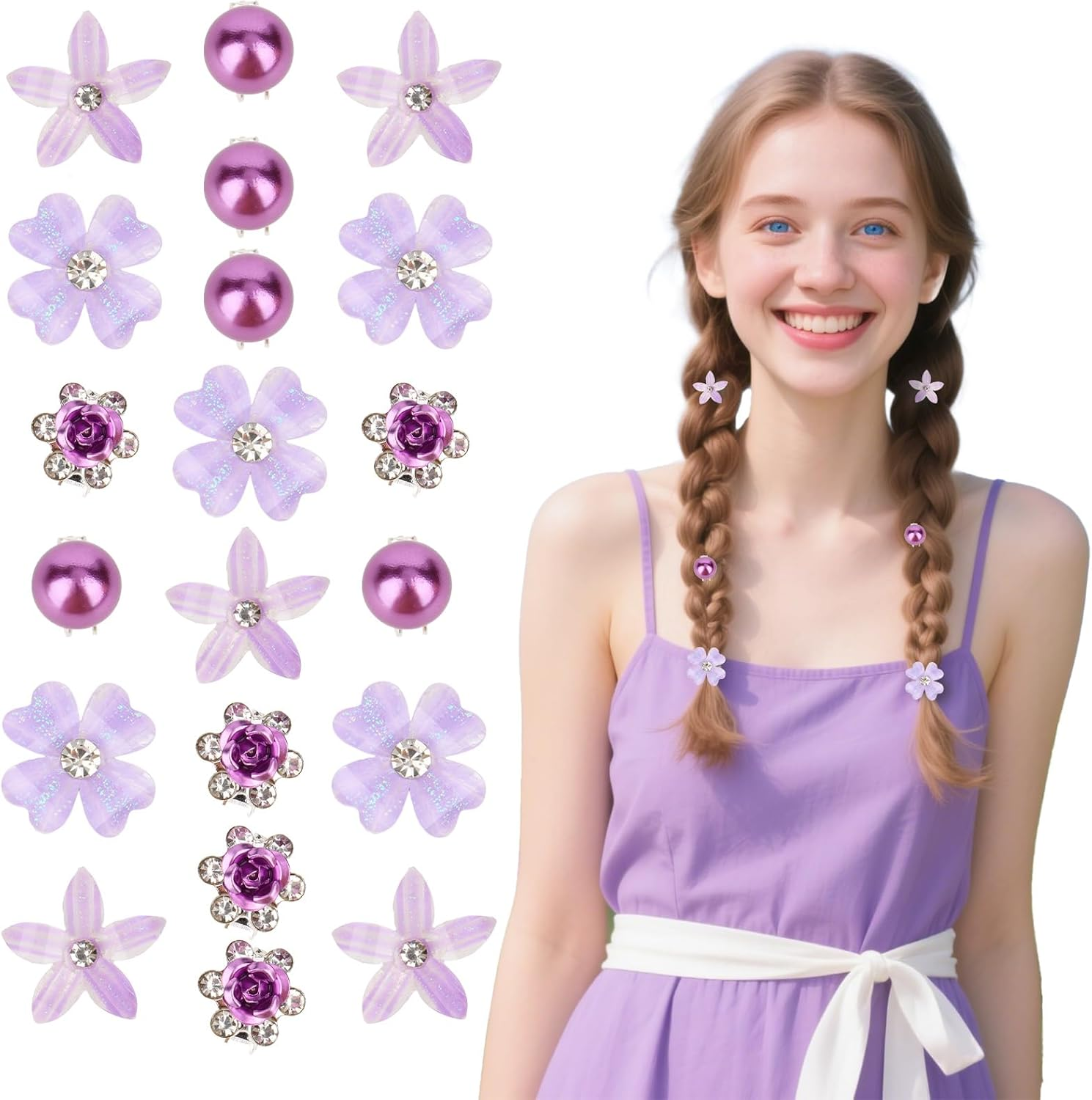 Bumlofa Set of 20 Small Hair Clips in Purple Tones, Elegant Hair Clip Flower with Crystals for a Charming Hairstyle image number 2