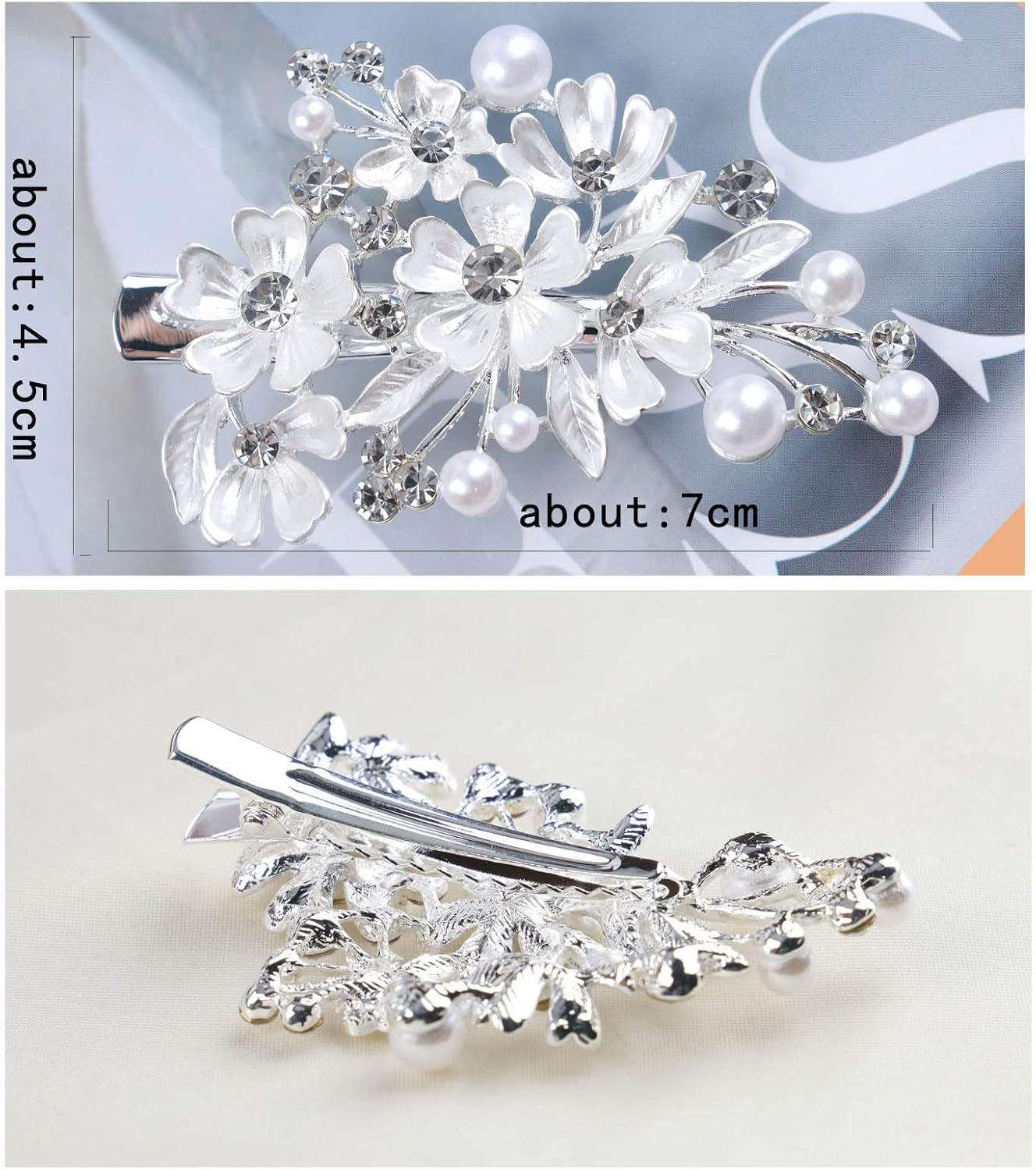 Tseenyi Rhinestone Flower Hair Clip Crystal Rhinestone Barrette Rhinestone Pearl Hair Clip Hair Pins Shiny Bridal Crystal Head Clip Hair Clip Silver Rhinestone Barrette Headpiece for Women and Girls image number 3