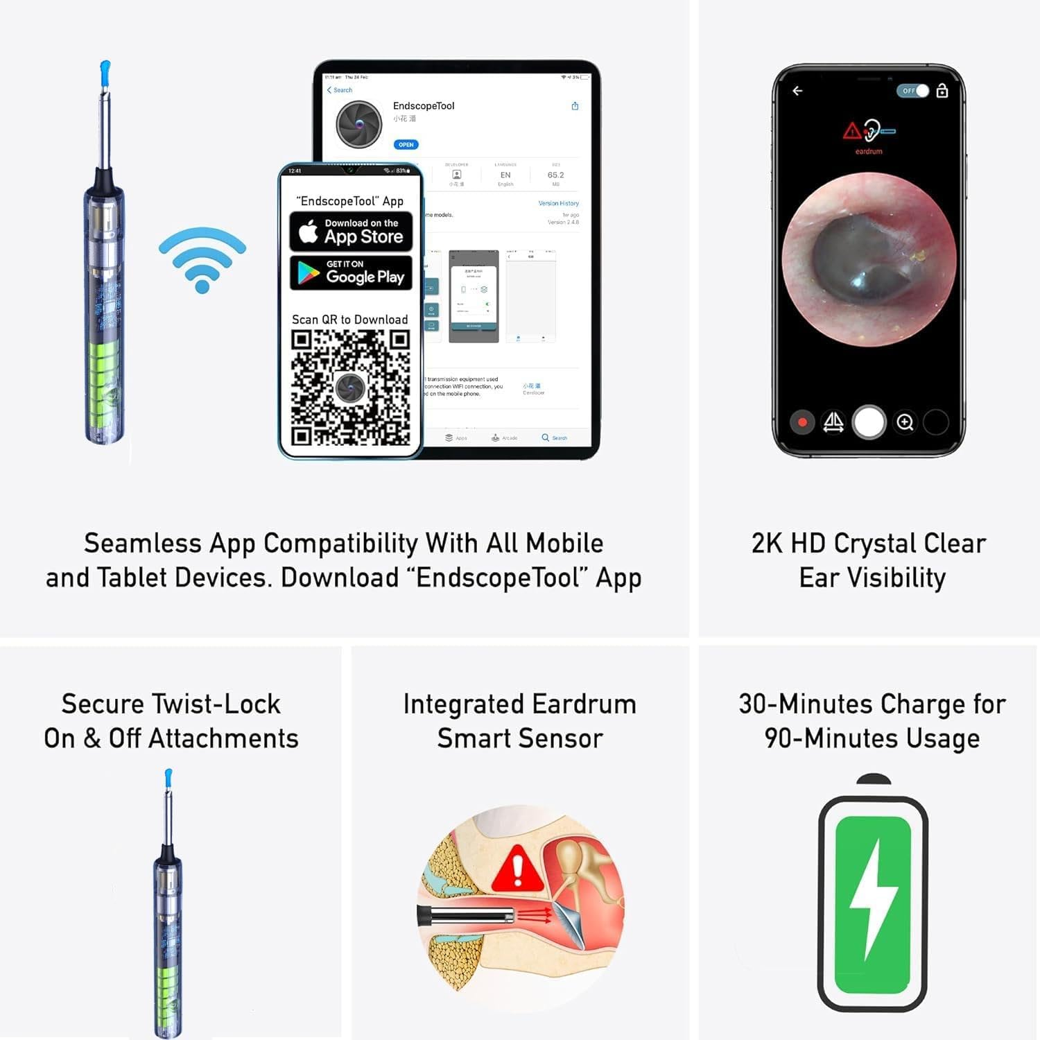 Ear Wax Removal, Wireless Otoscope with 6 LED Lights, 2K HD Camera Ear Wax Remover Cleaning Set &ndash; Compatible with Iphone and Android Devices &ndash; Adults, Kids and Pets (Y9) image number 2