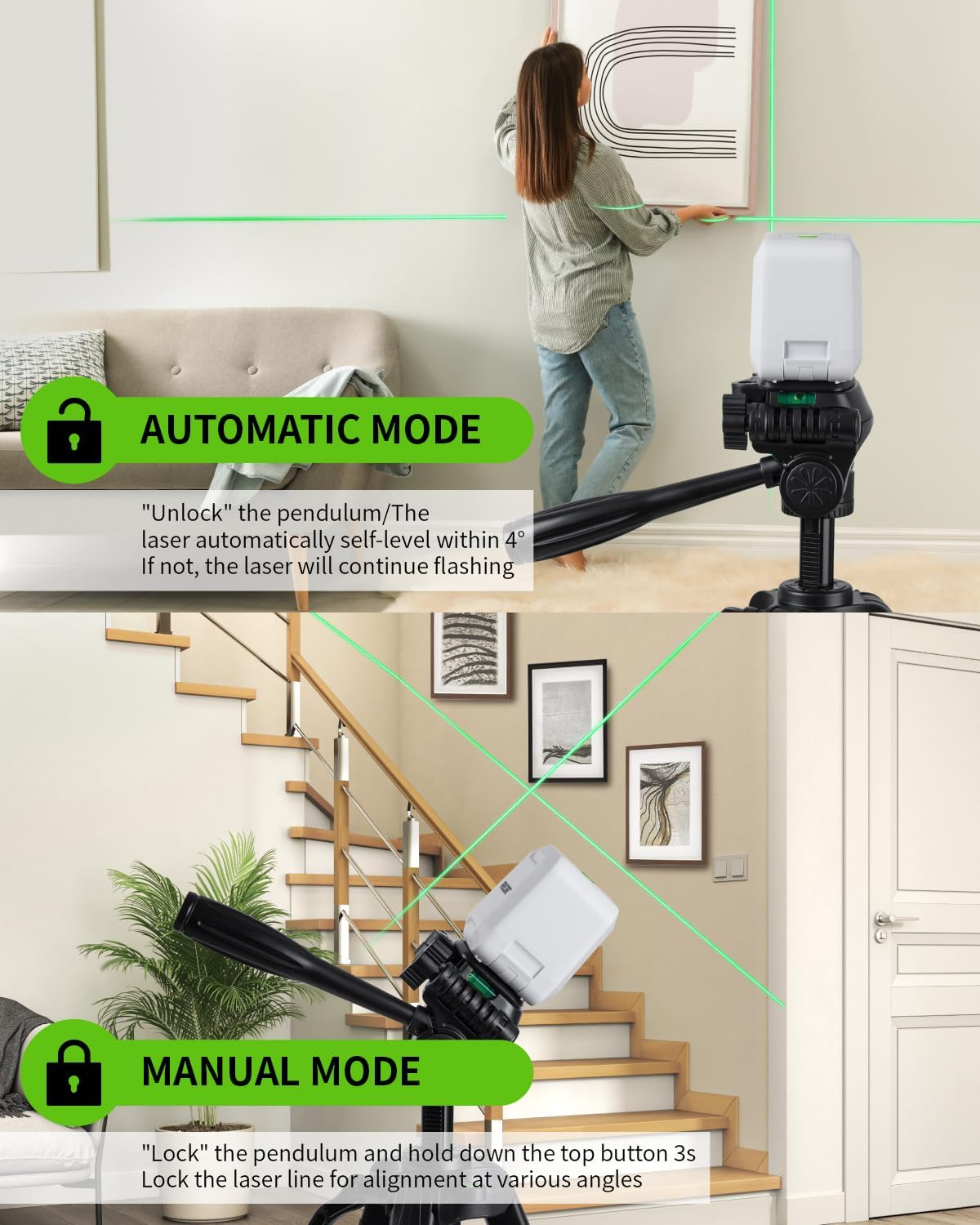 Laser Level, Firecore 82Ft Self Leveling Lazer Level, Green Cross Line Leveler Tool with Brightness Adjustment, DIY Laser Level for Picture Hanging and Indoor Projects, Battery, Carry Pouch Included