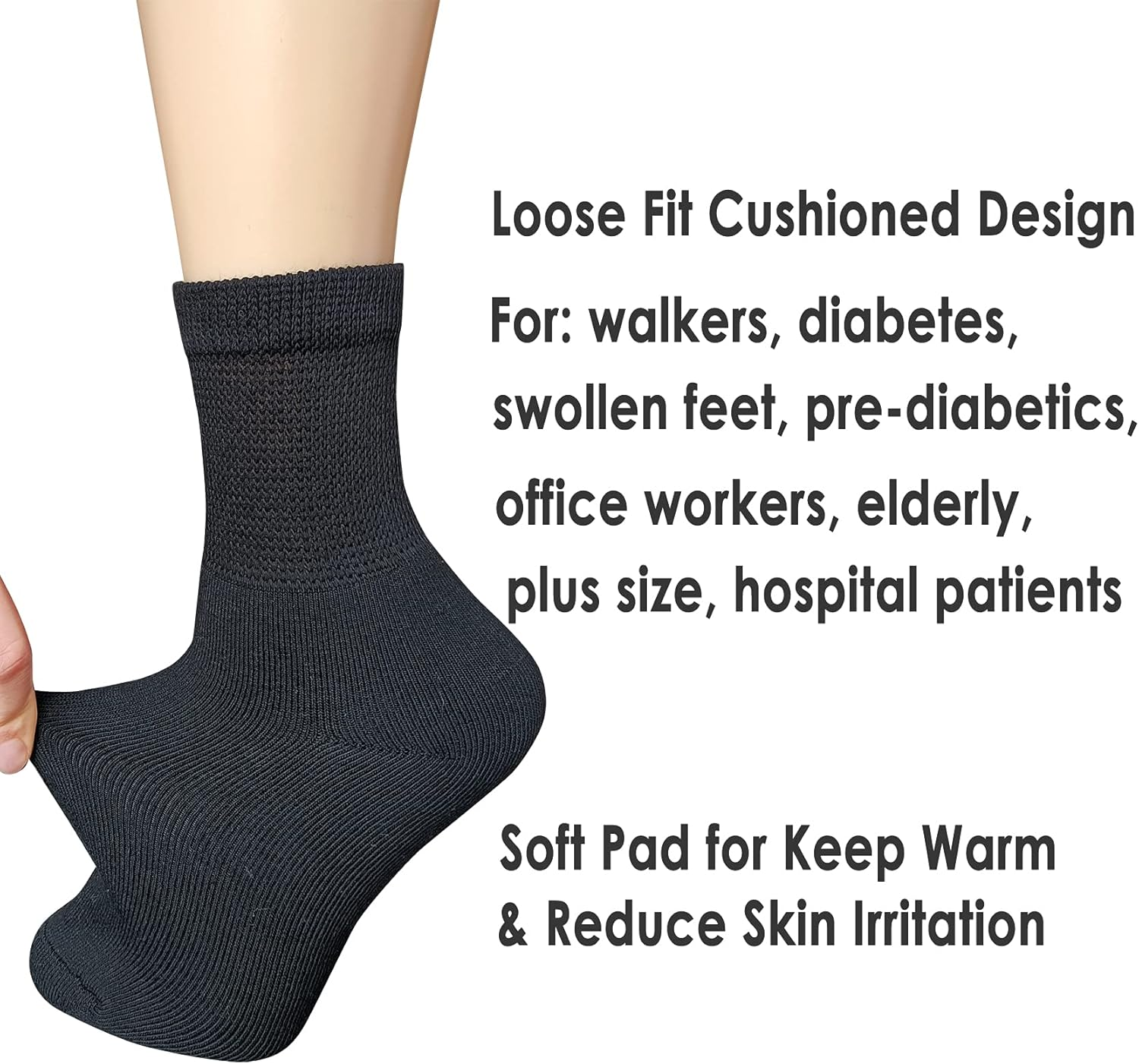 VEIGIKE Women Extra Wide Comfort Fit Loose Fit Quarter Socks Moisture Wicking Cushion Diabetic Socks Loose Fit for Wide Swollen Feet Ankle 4 Pairs 9-11, Black, One Size, Black-4Pairs, One Size image number 1