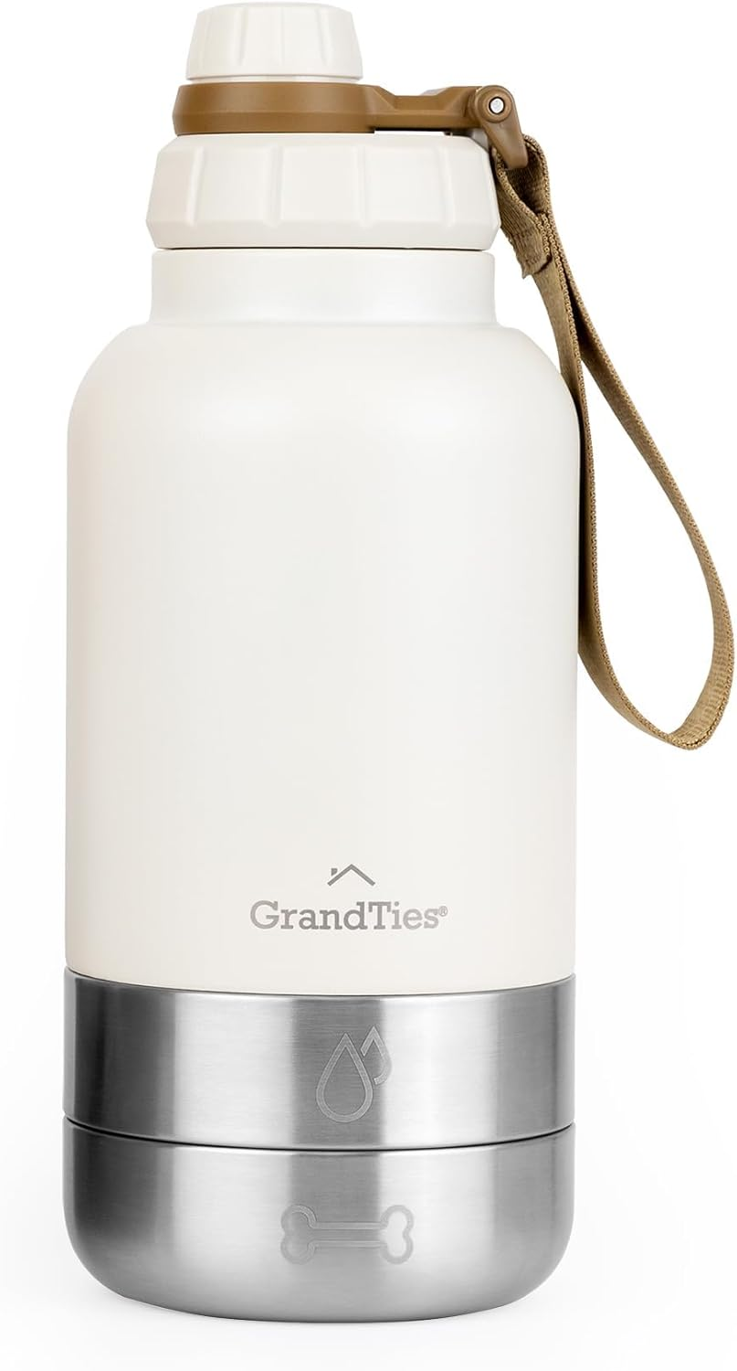 Grandties Insulated Portable Water Bottle with 2 Detachable Dog Bowls, Leak-Proof Pet Water Food Feeder Dispenser, Pet Travel Outdoor Accessory Stainless Steel Storage Container - Blue, 64Oz (1890Ml)