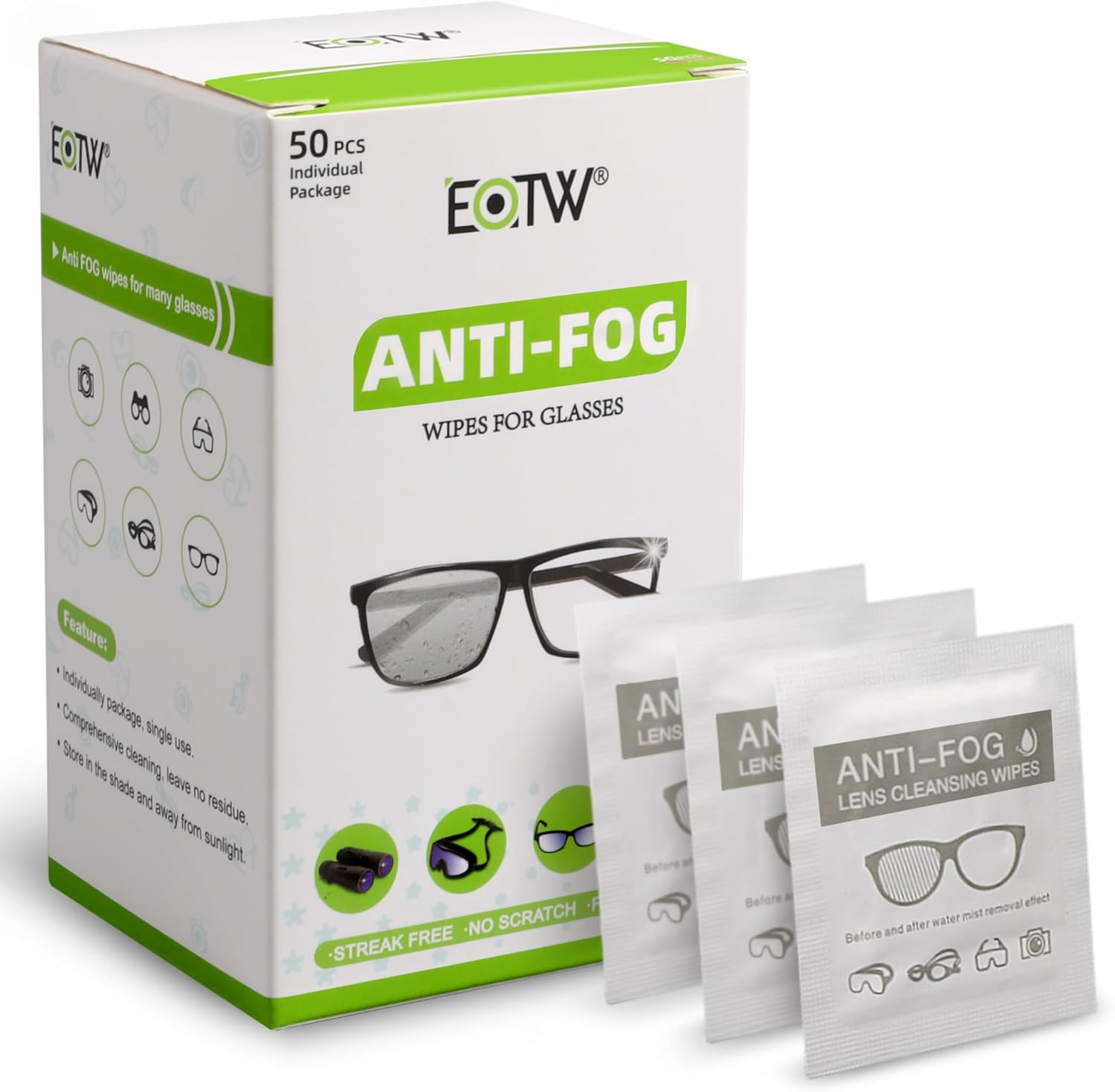 EOTW Anti-Fog Glass Wipes, 50 Pack Pre-Moistened Lens Wipes, Individually Wrapped Cleaning Wipes for Eyeglasses, Camera, Phone, Sunglasses, Ipad, Computer Screen and Tablets image number 1