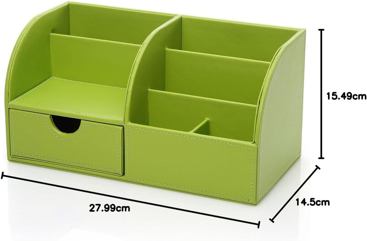 KINGFOM Pu Leather Desk Organizer Pen Pencil Holder Office Supplies Caddy Storage Box 6 Compartments with Drawer Green image number 3
