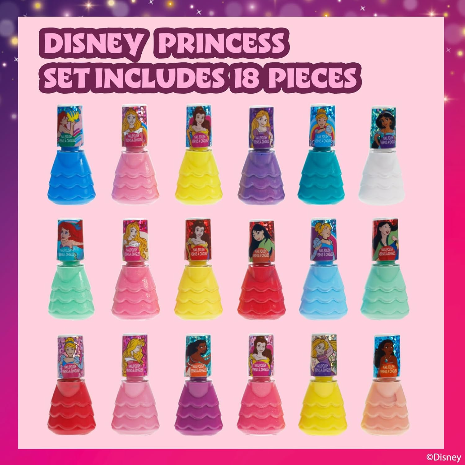 Townley Girl Disney Princess Castlebox Non-Toxic Peel off Nail Polish Set for Girls Opaque Colours Age 3+ - 18 Pack image number 6